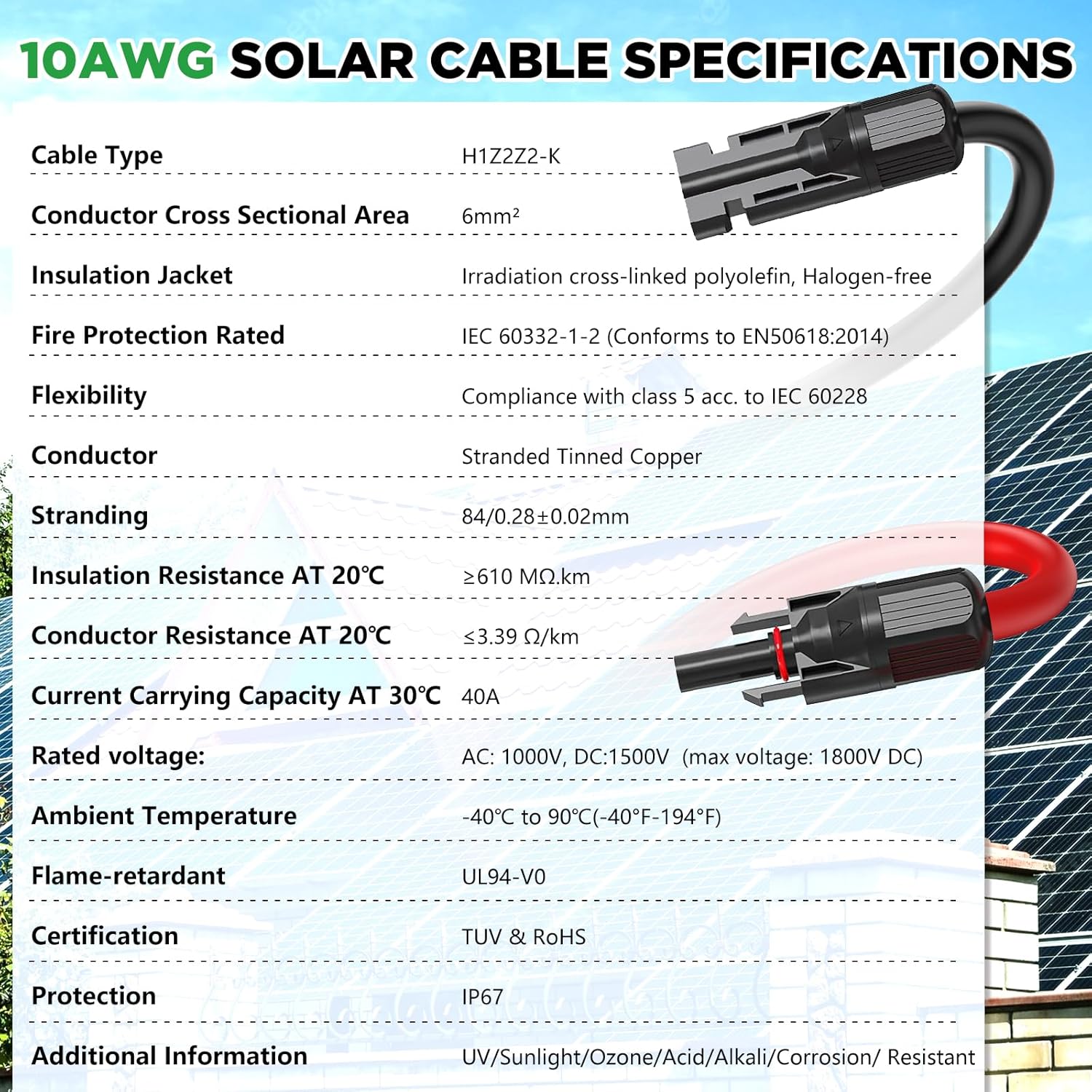 Oududianzi Solar Extension Cable 100Ft, Solar Wire 10AWG, Tinned Copper PV Cable 10Gauge, Solar Panel Wires and connectors for Home RV Boat Camping Off-Grid Solar System, Set of 2