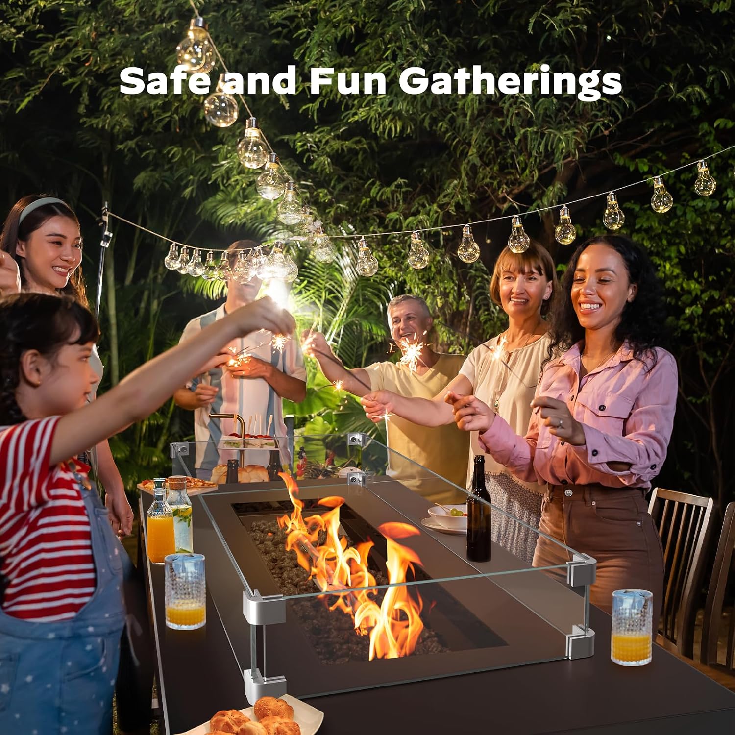 Ciays 42 Inch Gas Fire Pit Table, 60,000 BTU Propane Fire Pits for Outside with Glass Wind Guard, Steel Lid,Lava Rock, 2 in 1 Fire Pit Table Gatherings Parties on Patio Deck Garden, Ebony(2 Packages)
