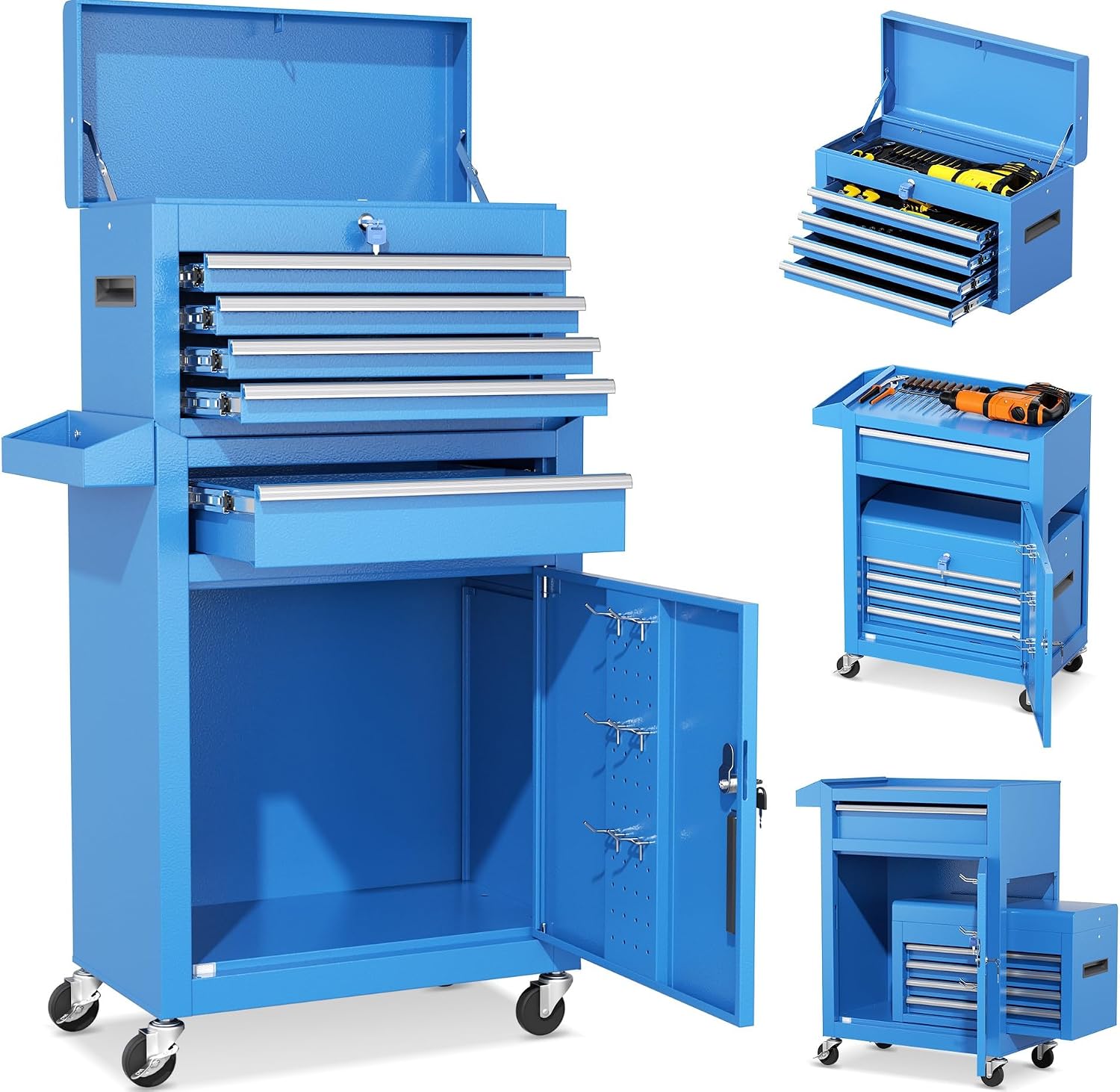 INTERGREAT Blue Tool Chest, 5-Drawer Rolling Tool Chest with Detachable Top Tool Box, Tool Chests with Universal Lockable Wheels, Metal Tool Cart for Garage, Workshop, Barbershop