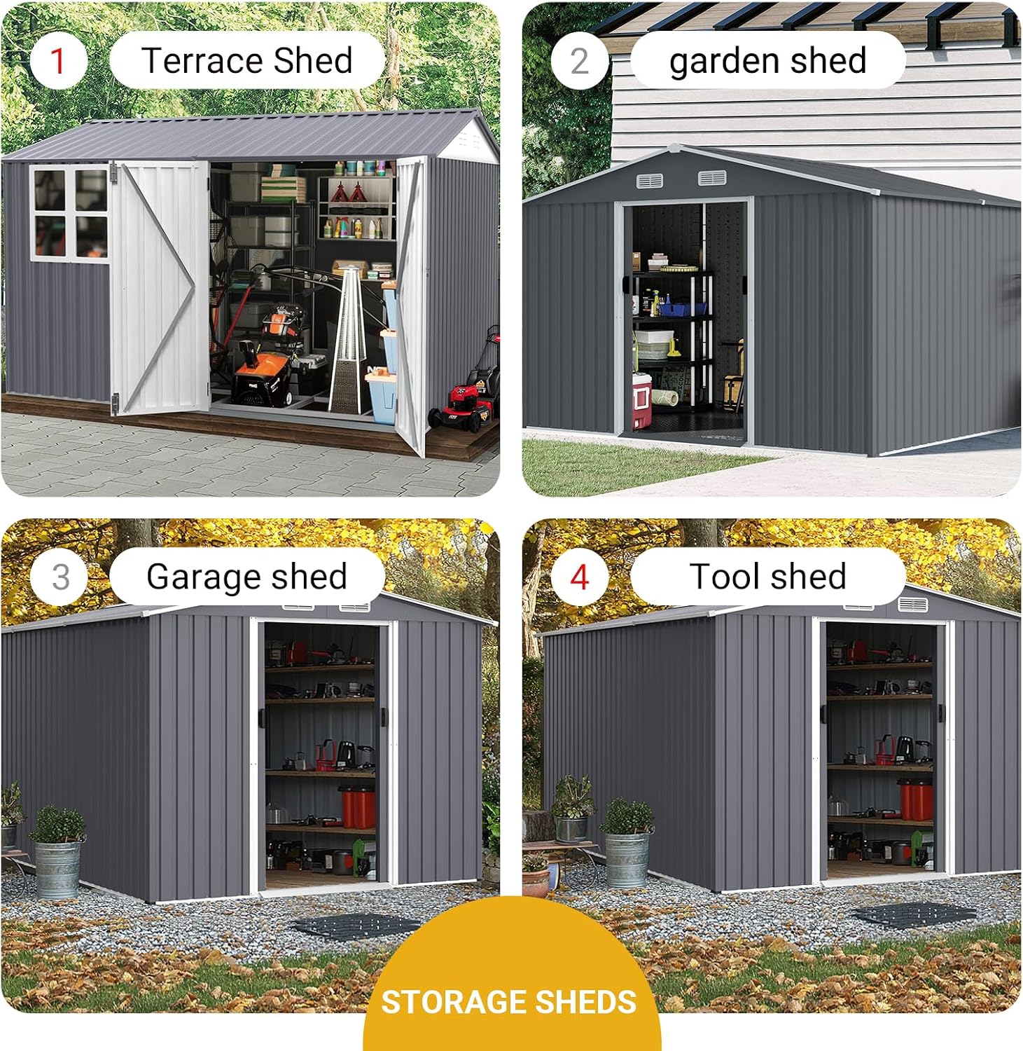 Shed with Windows,Large Metal Outdoor Storage Shed, Lockable Tool Storage shed, Steel Garden shed, Suitable for Backyard, Terrace, and Poolside (Grey+Metal, 8FTx12FT)