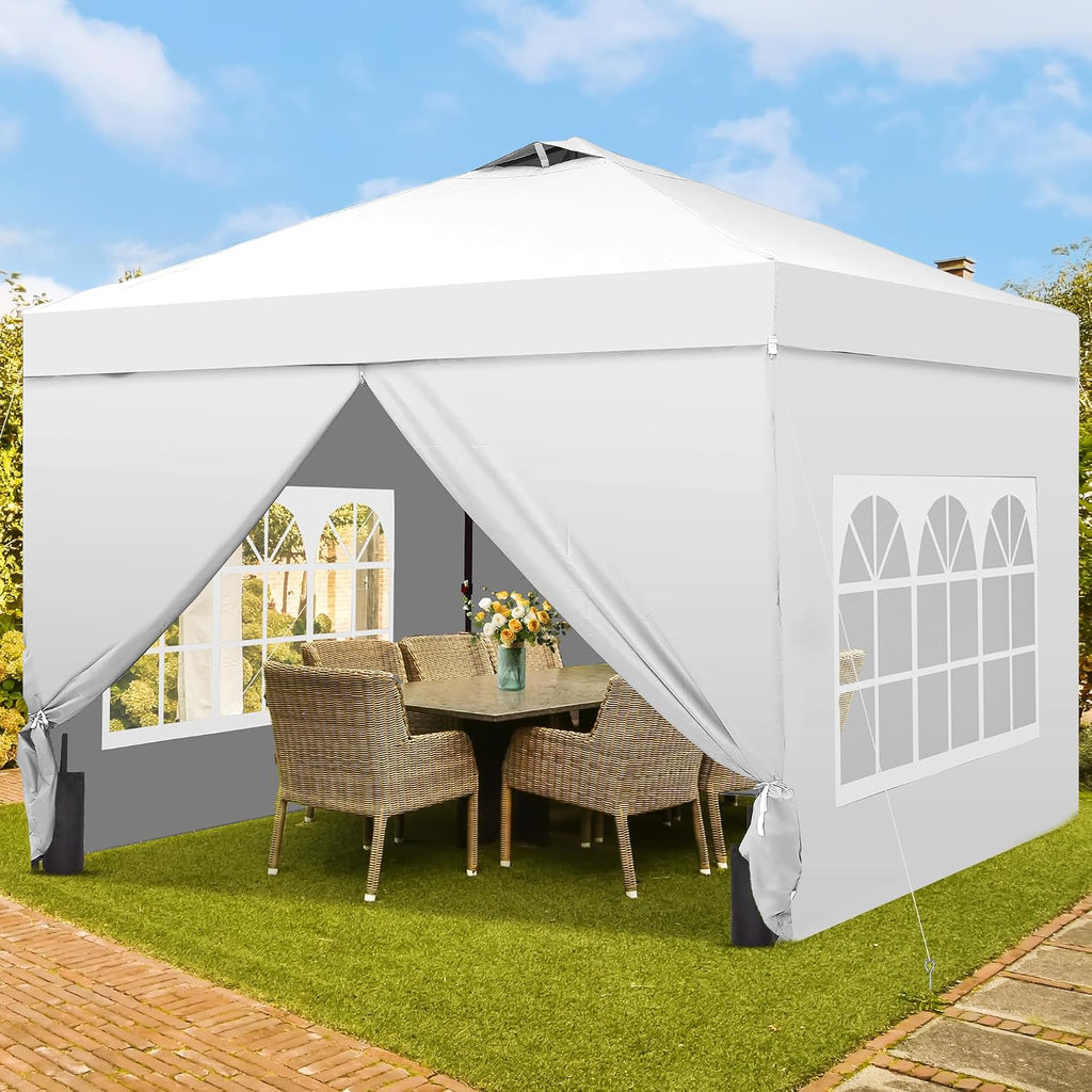 GDY 10x10 Pop Up Canopy Tent with 4 Sidewalls, Easy Set up with One Push Lift Outdoor Silver Coated Beach Gazebos, Carpas with 4 Sandbags, for Events, Parties,Camping, White.