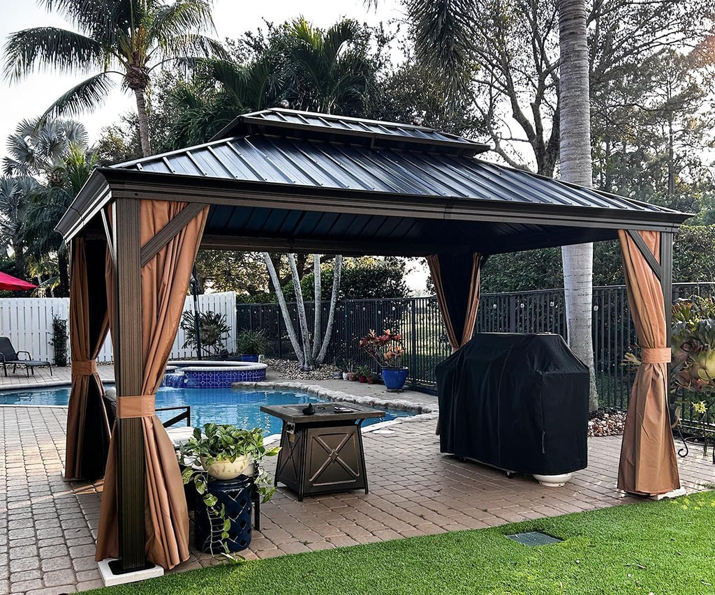 PURPLE LEAF Hardtop Gazebo 10' X 14' Metal Roof with Netting and Curtains Hard Top Backyard Patio Gazebos Permanent Canopy Deck Garden Hot Tub Outdoor Pavilion