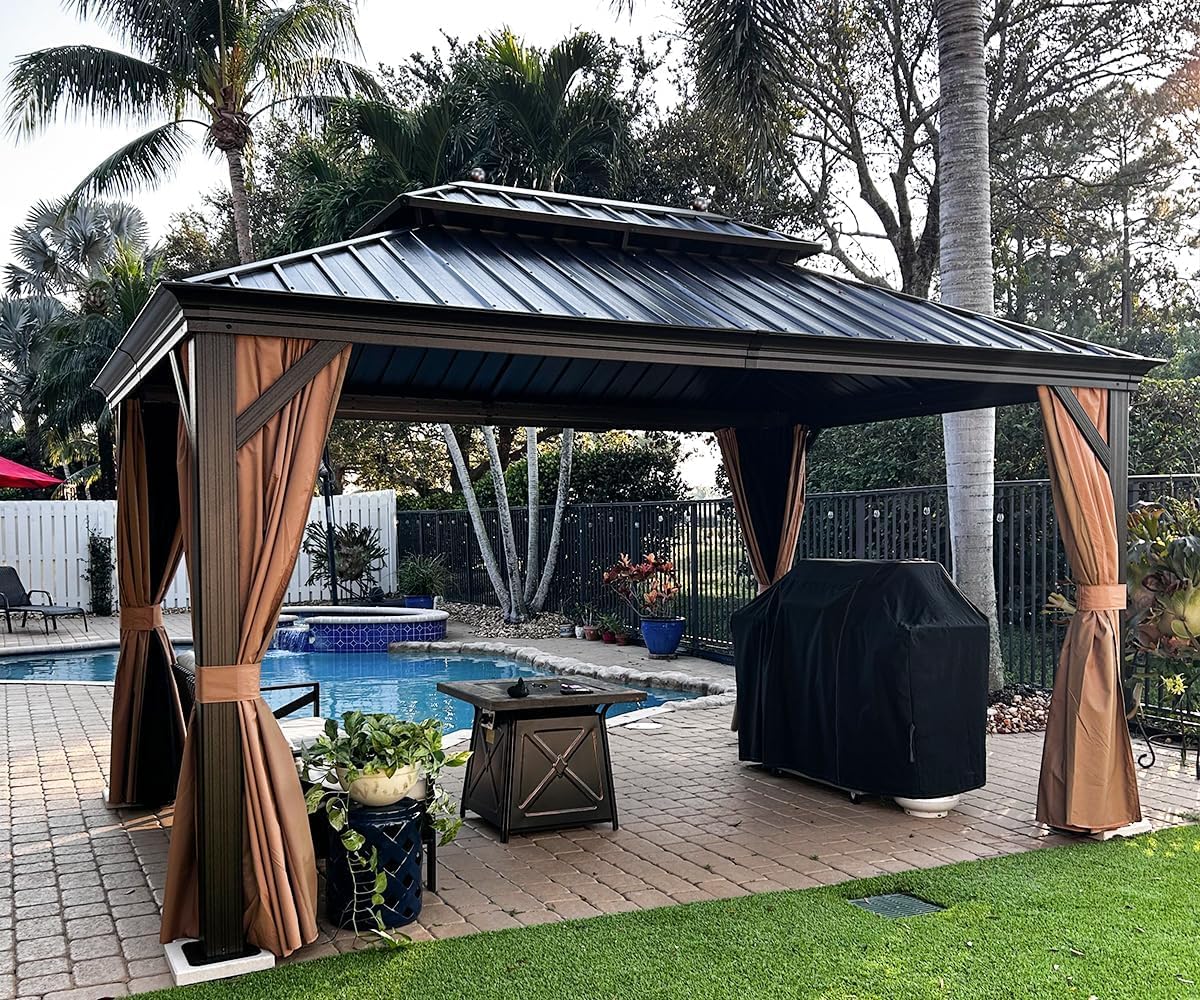 PURPLE LEAF Hardtop Gazebo 10' X 14' Metal Roof with Netting and Curtains Hard Top Backyard Patio Gazebos Permanent Canopy Deck Garden Hot Tub Outdoor Pavilion