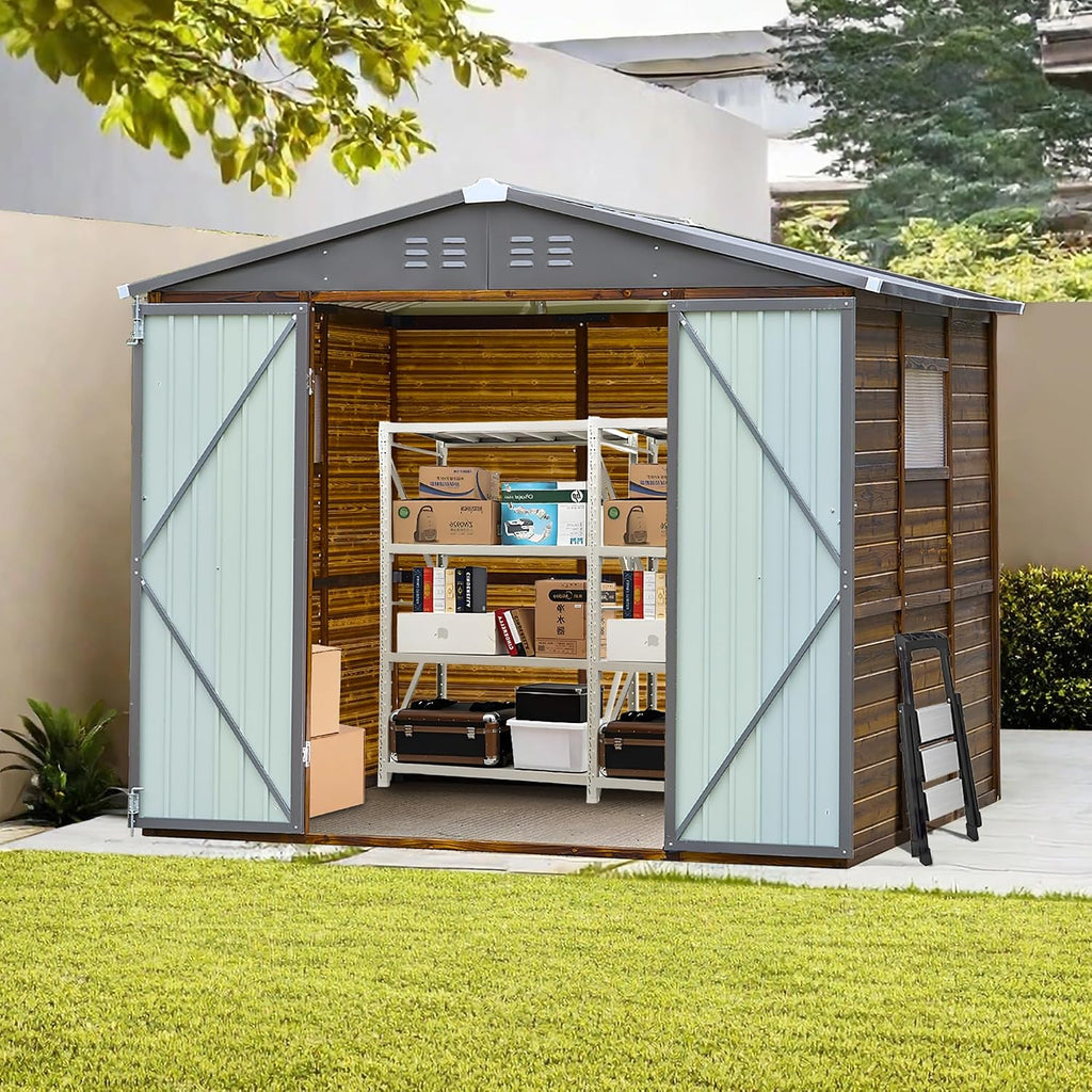 6x8 FT Outdoor Tool Shed, Wood-Iron Combination Storage Shed with Ventilation, Weather-Resistant Roof, Lockable Doors & Wood Grain Finish for Backyard and Garden
