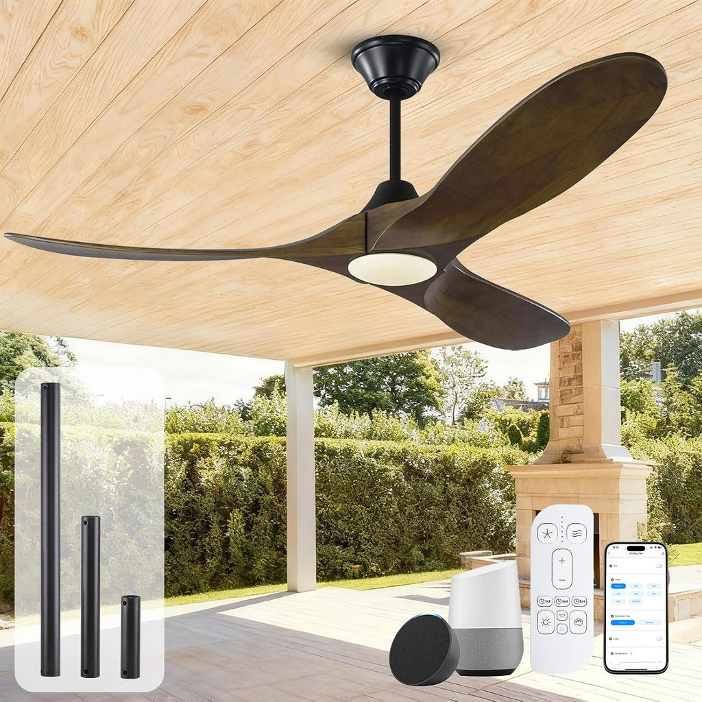52 Inch Smart Outdoor Patio Ceiling Fan with Light Damp Rated, Rustic Farmhouse 3 Blades Propeller Wood Ceiling Fan with Alexa/Remote/App Control, Large airflow Quiet DC Motor for Indoor Exterior