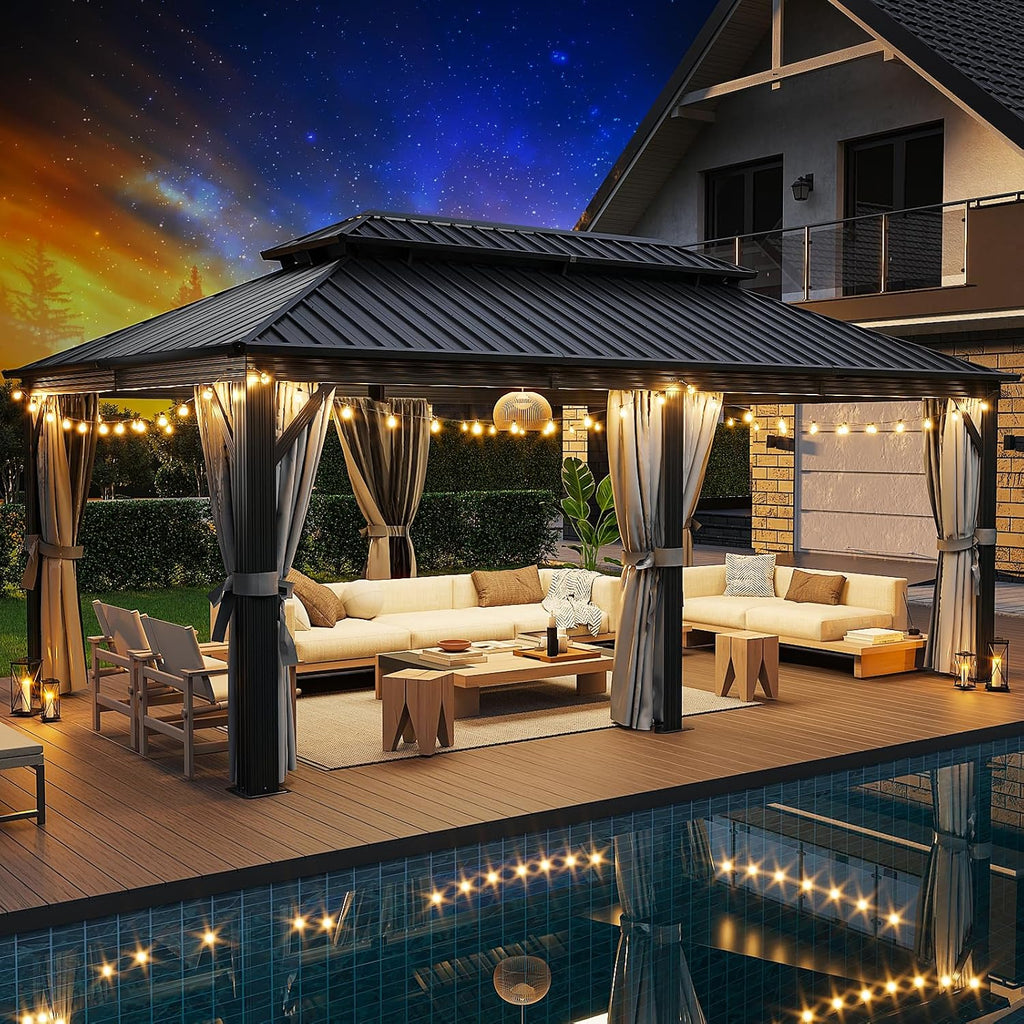 Hardtop 12 X 20FT, Galvanized Steel Dual-Layer Top, Aluminum Metal Gazebo with Netting and Curtains, Permanent Gazebo Pavilion for Party