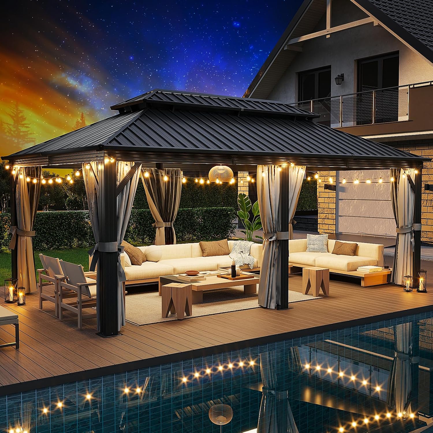 Hardtop 12 X 20FT, Galvanized Steel Dual-Layer Top, Aluminum Metal Gazebo with Netting and Curtains, Permanent Gazebo Pavilion for Party