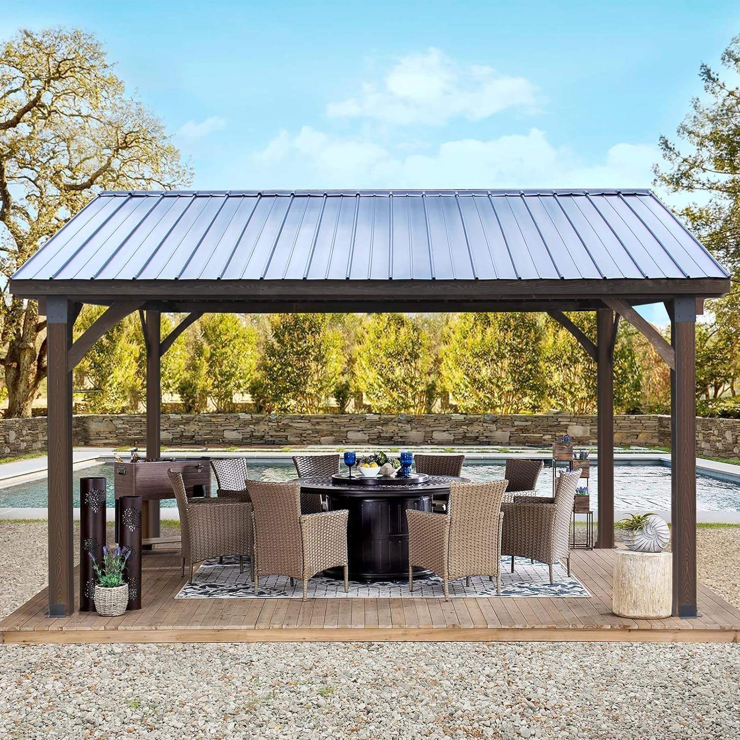 U-MAX 14' x 12' Wood Gazebo on Clearance Pergolas and Gazebos Clearance with Thermal Insulated Polycarbonate Pyramid Hip Roof for Backyard Deck Garden and Patio Dark Brown Roof