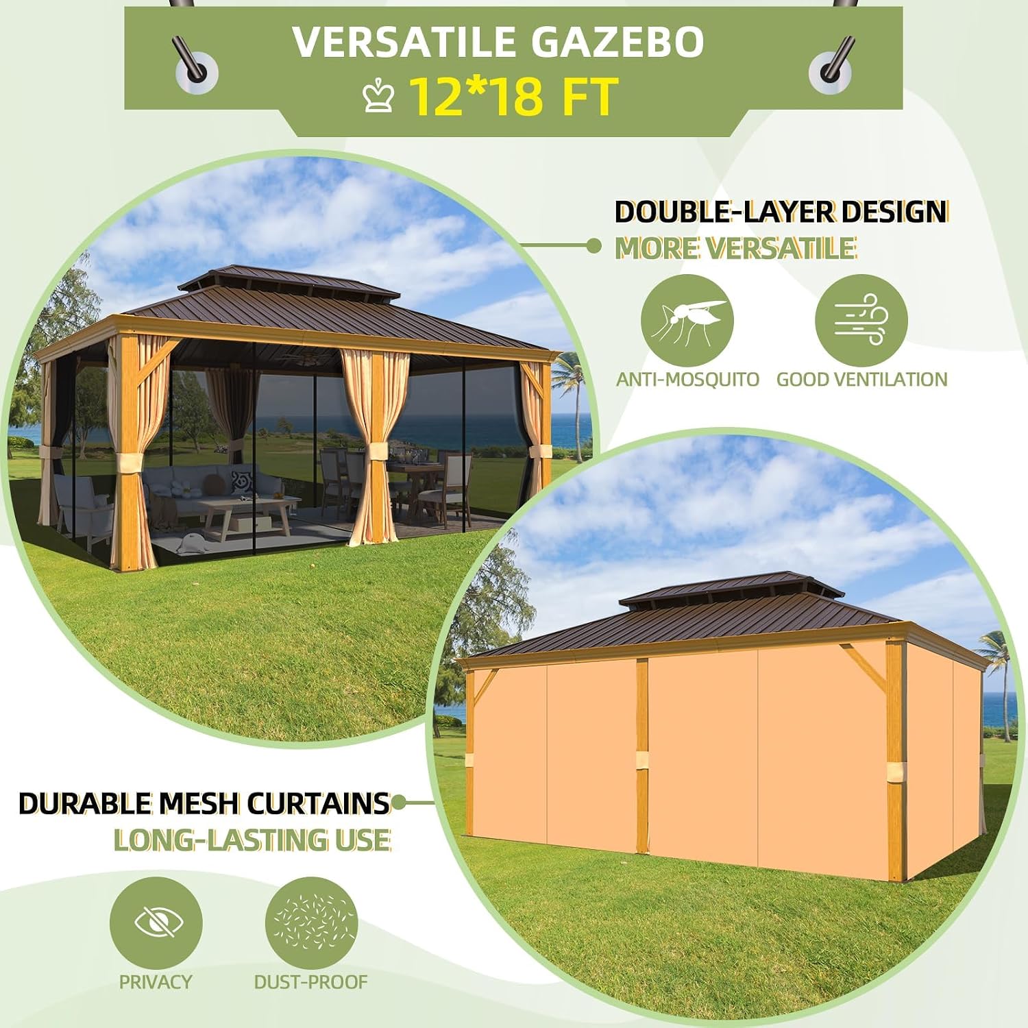 YOLENY 12'x18' Hardtop Gazebo, Wood Grain Aluminum Frame with Galvanized Steel Double Roof and Water Gutter, Outdoor Permanent Metal Pavilion with Curtains and Nettings for Patios, Gardens and Lawns