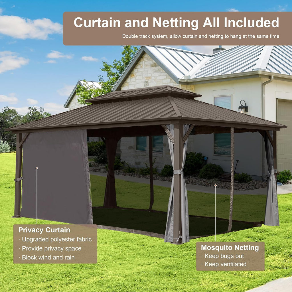 Domi Hardtop Gazebo 10x12FT, Aluminum Outdoor Gazebo with Galvanized Steel Double Roof Canopy, Curtains and Netting Included, Metal Gazebo Permanent Pavilion for Patio, Lawn, Garden, Brown