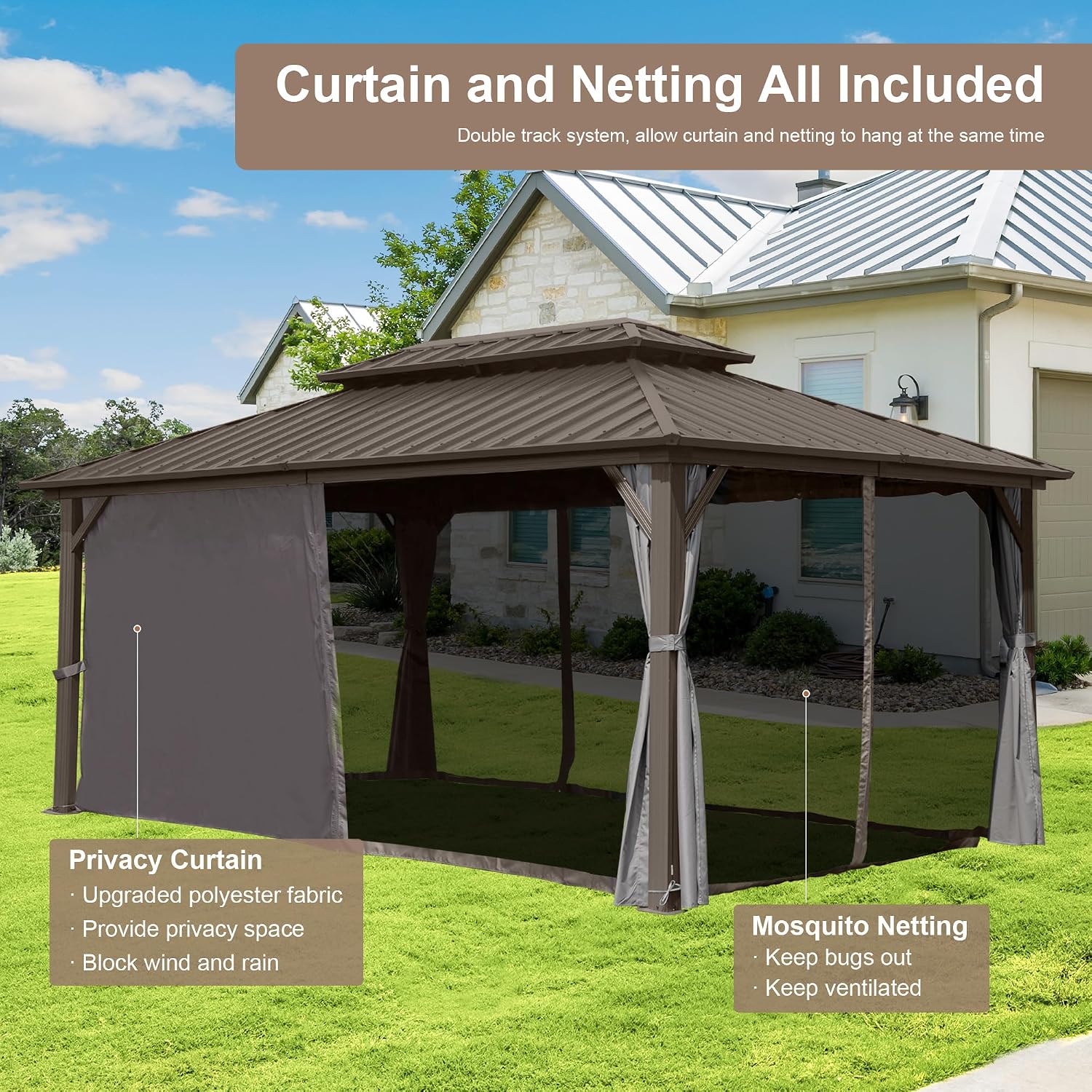 Domi Hardtop Gazebo 10x12FT, Aluminum Outdoor Gazebo with Galvanized Steel Double Roof Canopy, Curtains and Netting Included, Metal Gazebo Permanent Pavilion for Patio, Lawn, Garden, Brown