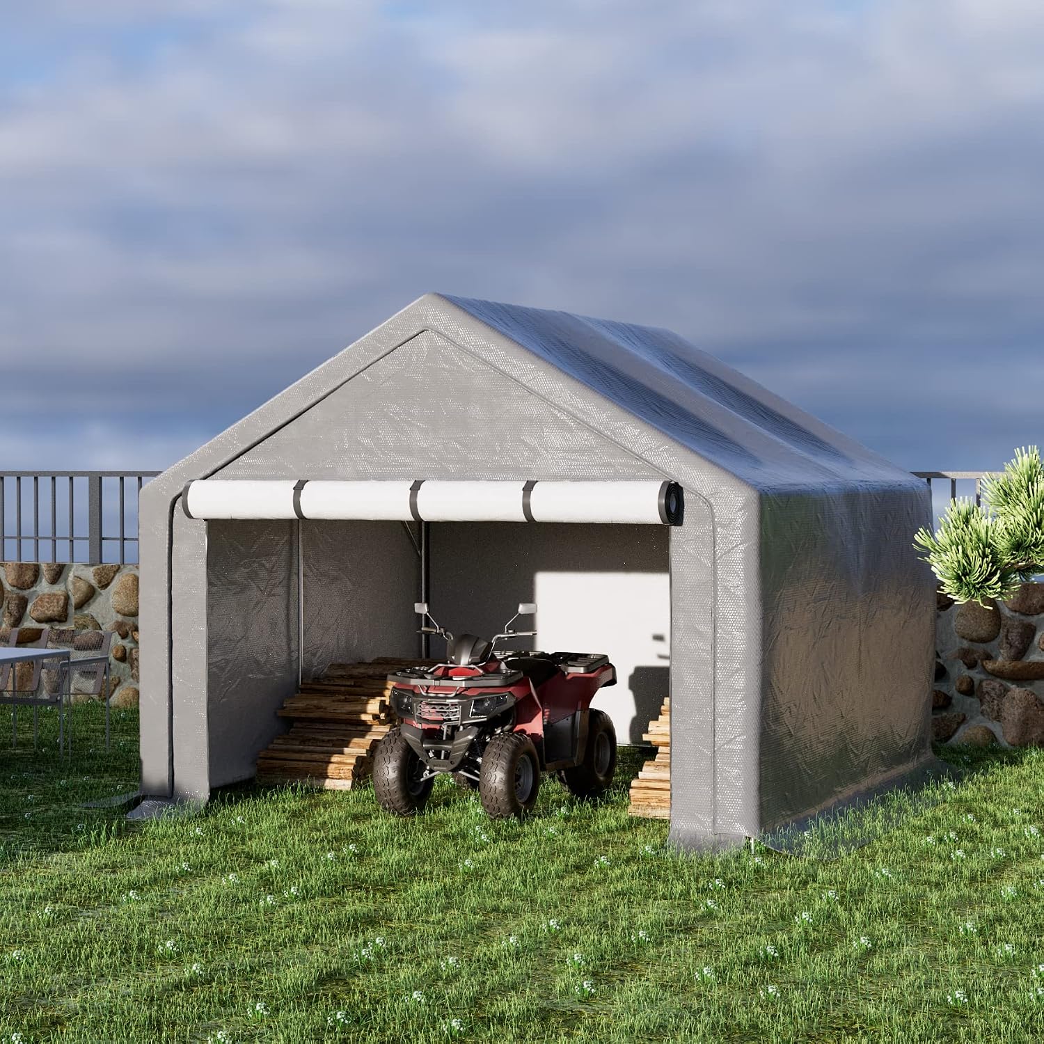 Outdoor Storage Shelter, 8x8 ft Portable Shed with Roll up Zipper Door, Waterproof and UV Resistant Anti-Snow, Heavy Duty Carport for Storing Garden Tools, Outdoor Equipment