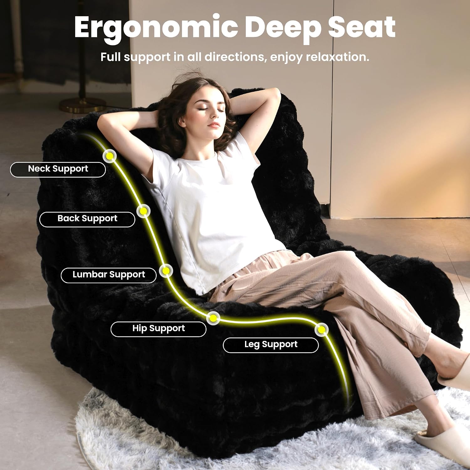 ovios Bean Bag Chair for Adult, Giant Beanbag with Plush Faux Fur, Comfy Large Big Lounger Floor Lazy Chair for Indoor Fireside Living Room Bedroom Dorm, Black