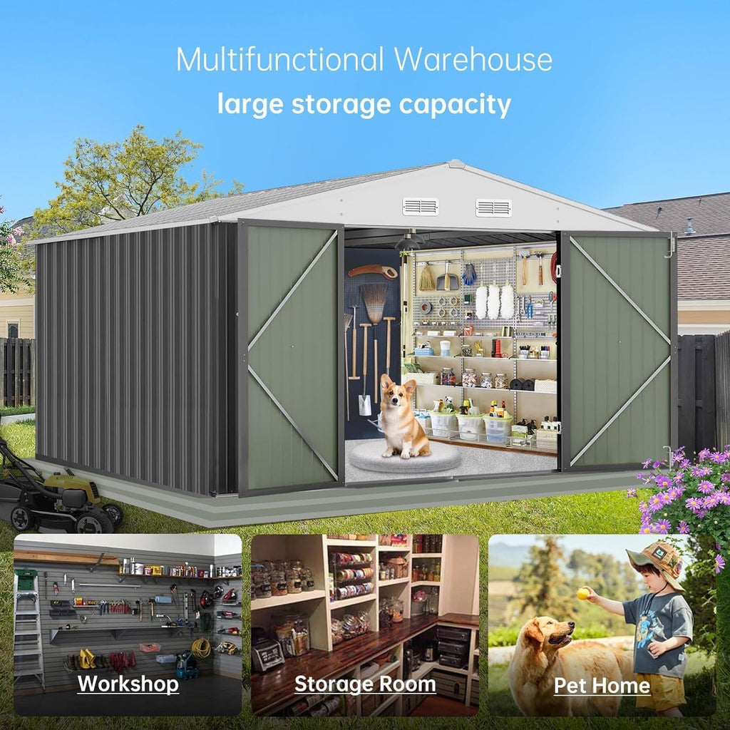 10X12 Ft Outdoor Metal Storage Shed with Roof, Weatherproof Steel Tool Shed with Lockable Door for Lawn Mower, Bike & Garden Equipment Storage
