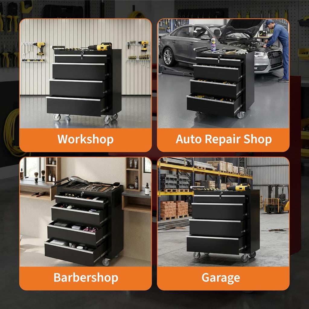 GarveeTech 24' 4-Drawer Tool Chest, Rolling Tool Cabinet with Wheels and Lock System, Portable Storage Rolling Tool Chest for Warehouse, Workshop & Repair Shop, Black