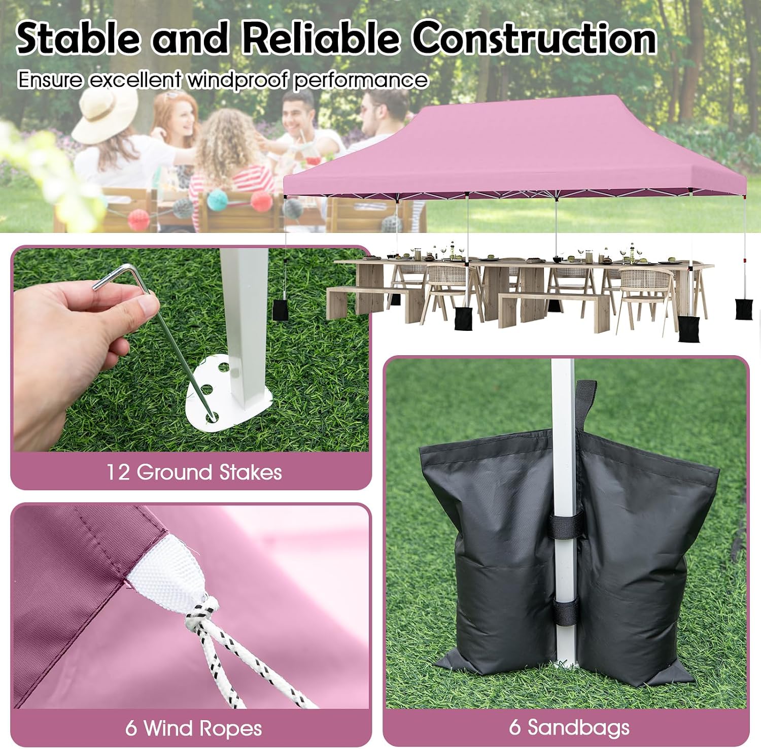 Tangkula 10x20 Ft Pop Up Canopy, Instant Setup Tent with 6 Sandbags, 12 Stakes & 6 Ropes, UPF 50+ Portable Outdoor Canopy Tent with Carrying Bag for Camp, Beach, Patio (Pink)