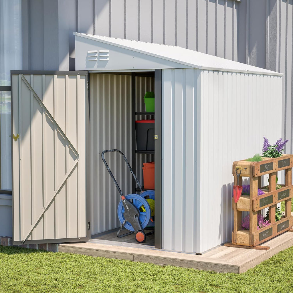 White 4' x 7' Lean-to Storage Shed, Heavy-Duty Metal Outdoor Garden & Bike Shed with Lockable Door, Easy Assembly Backyard Storage Solution