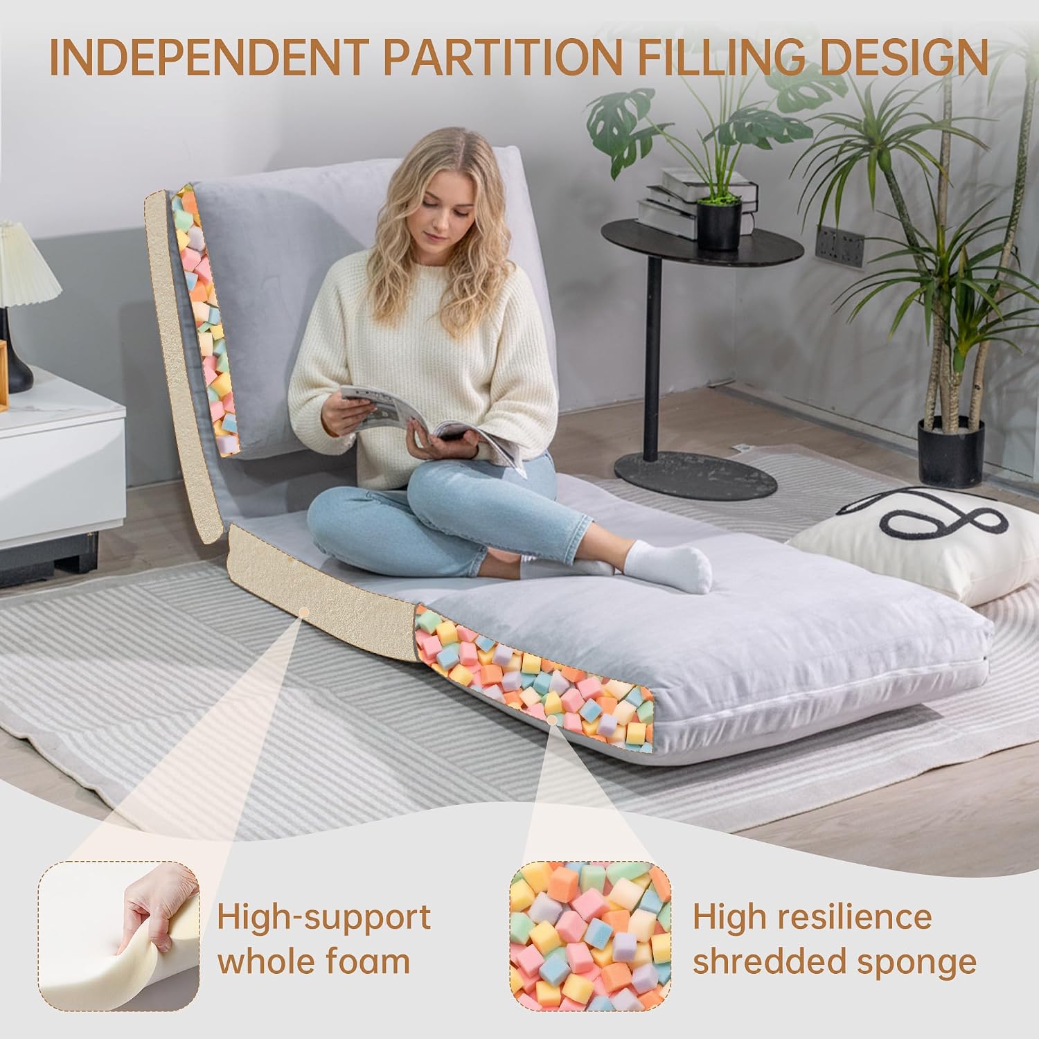 Cvortll 4-in-1 Folding Sofa Bed, Memory Foam Bean Bag Chair, Large Convertible Couch, Floor Foldable Sofa for Bedroom, Living Room, Apartment(Grey-Small)