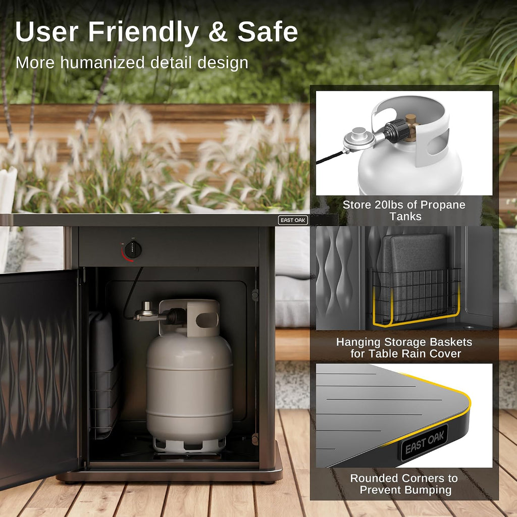 EAST OAK 28'' Steel Propane Fire Pit Table, 50,000 BTU CSA Certified Fire Table with Magnetic Lid, Steel Gas FirePit for Outdoor and Garden, Cover-Storage Basket and Lava Rock , Chocolate Coffee