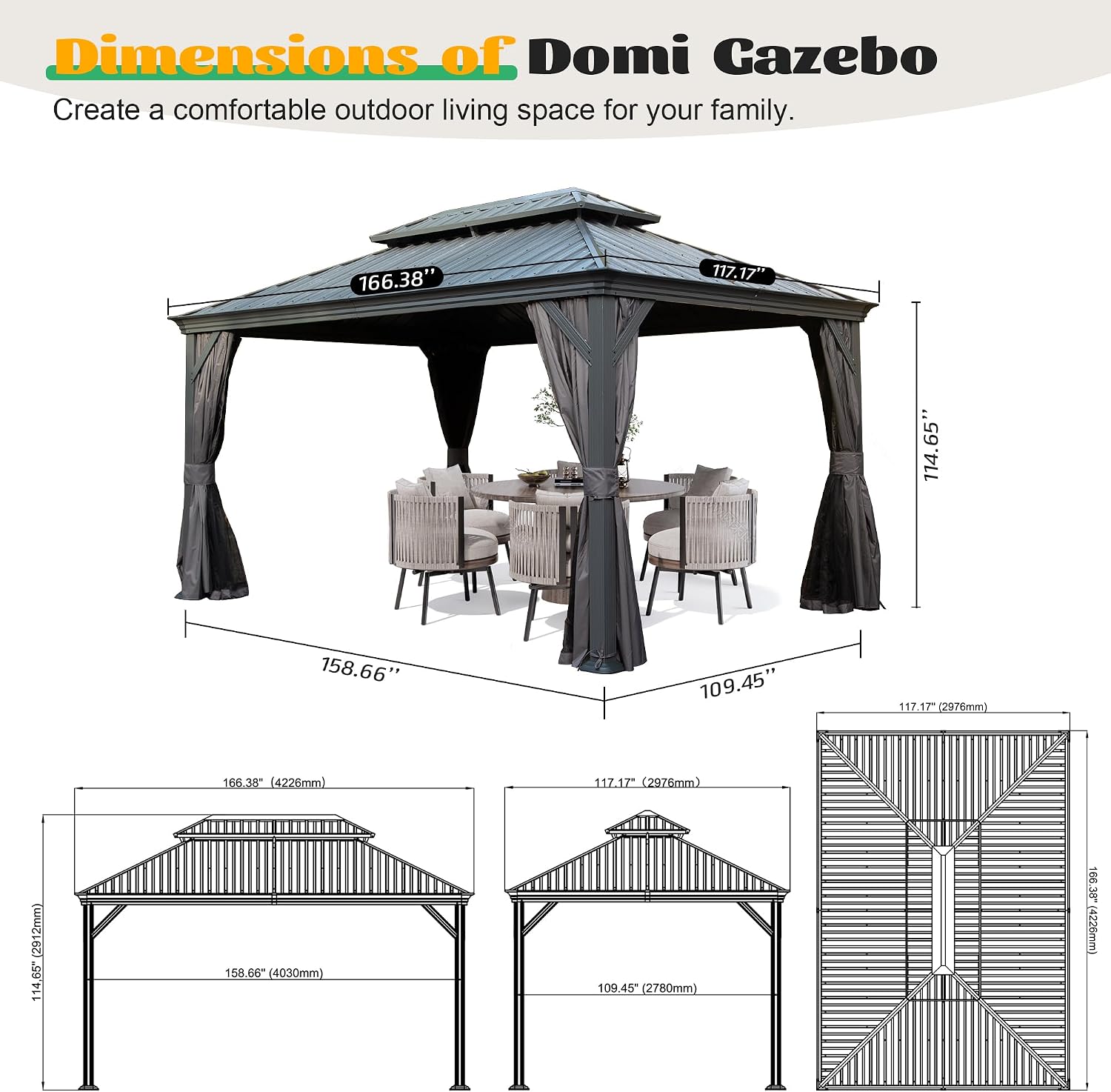 Domi 10x14FT Hardtop Gazebo, Outdoor Gazebo with Double Galvanized Steel Roof, Metal Pavilion Shelter for Patio, Lawn and Garden, Detachable Curtain and Netting Included, Gray