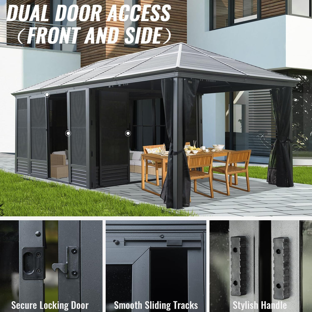Domi 11x21FT Outdoor Sunroom Gazebo, Aluminum Solarium with Galvanized Steel Sloping Roof, Detachable PE Screens, 2 Lockable Sliding Doors, Hardtop Sun Room with Netting&Curtains for Patio Deck Garden