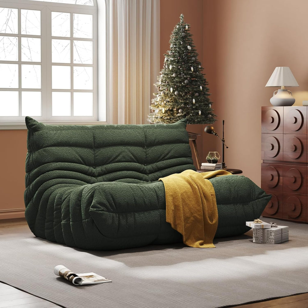 Giant Loveseat Boneless Bean Bag Chair for Adults - Teddy Fleece Fireside Accent Chair with Memory Foam, Comfy Lazy Floor Sofa Couch Chaise Lounge for Living Room Bedroom Theater, 2 Seater, Green