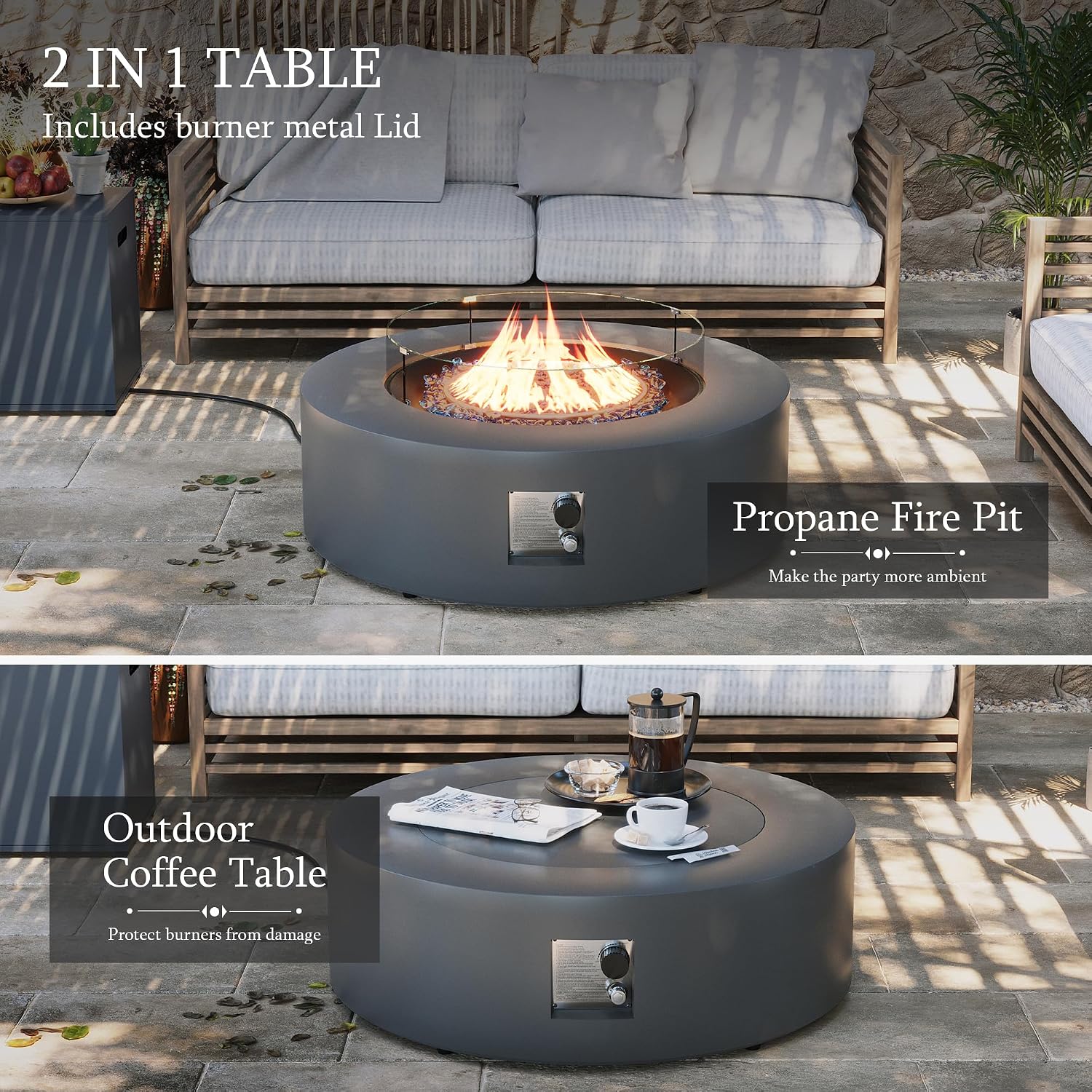 UPHA 42-inch Outdoor Propane Gas Fire Pit Table 50000 BTU Iron Round Firepit for Outside Patio with Tank Hidden Table, Wind Guard, Removable Lid, Blue Glass Rocks, Rain Cover, Grey