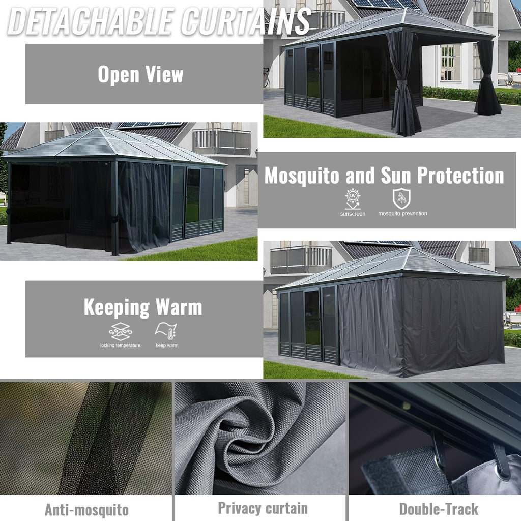 Domi 11x21FT Outdoor Sunroom Gazebo, Aluminum Solarium with Galvanized Steel Sloping Roof, Detachable PE Screens, 2 Lockable Sliding Doors, Hardtop Sun Room with Netting&Curtains for Patio Deck Garden