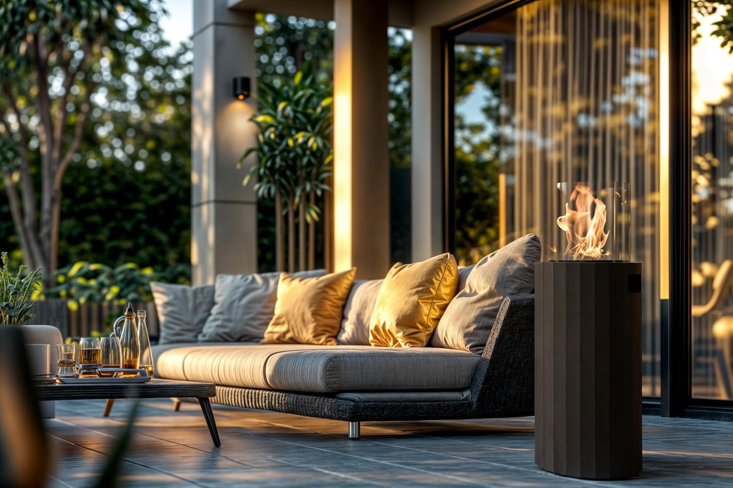 Planika BINO Outdoor Gas Fireplace - Fire Column with Glass Shield for Patio or Gardens (Outdoor Cover Incl) (Black)