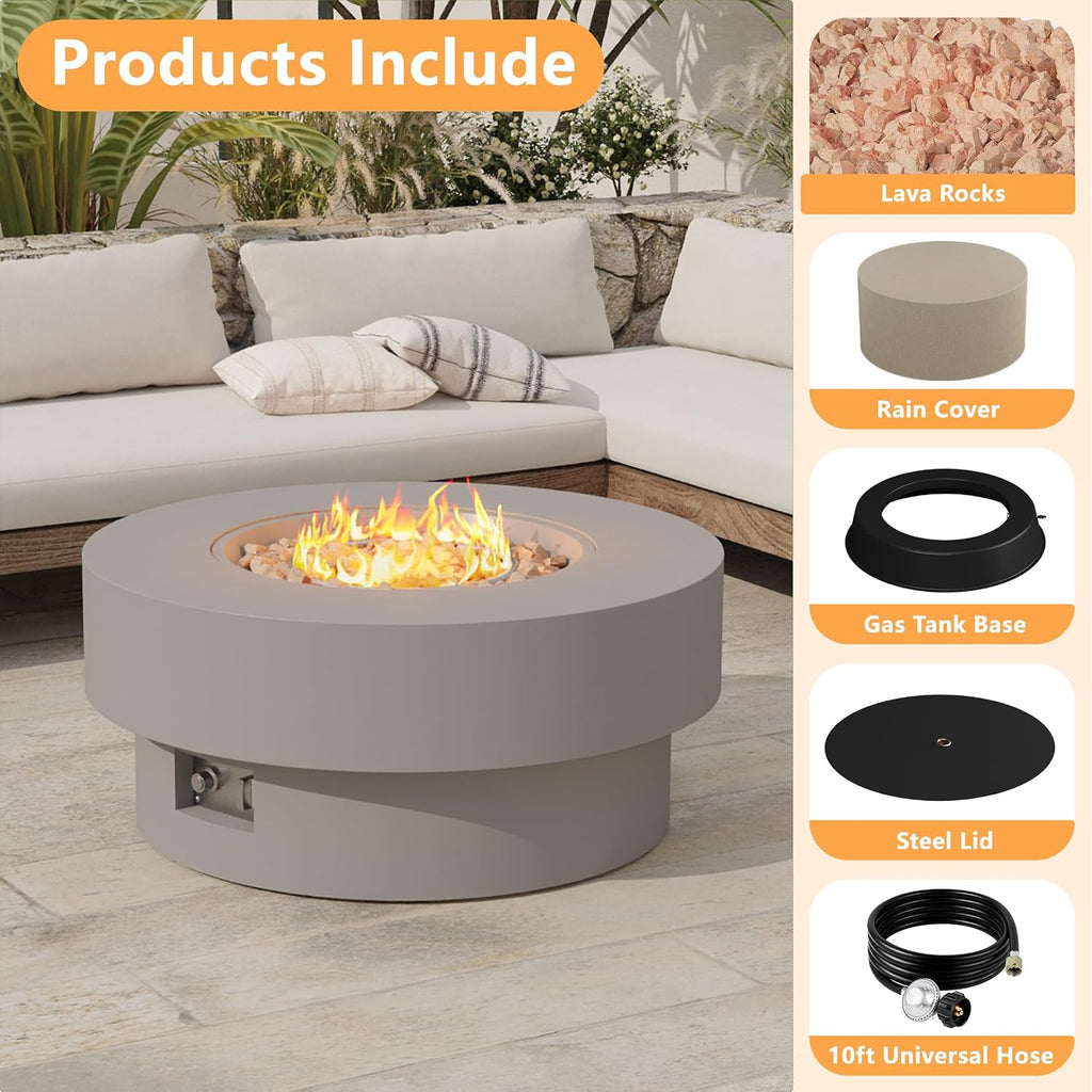 32.5 inch Outdoor Propane Fire Pit Table, 50000 BTU Round Patio Fire Pit Table with Lid, Waterproof Cover, 10ft Gas Hose & Gas Tank Base, Lava Rocks, CSA Certified, Grey