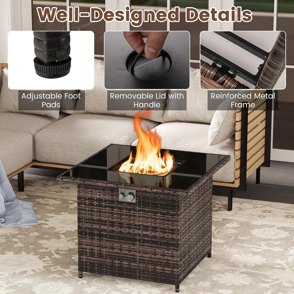 Tangkula 32.5 Inch Propane Fire Pit Table, Outdoor Rattan Gas Firepit with Tempered Glass Tabletop & Stainless Steel Burner, Square Fire Pit with Lava Rocks & Protective Cover for Outside Patio