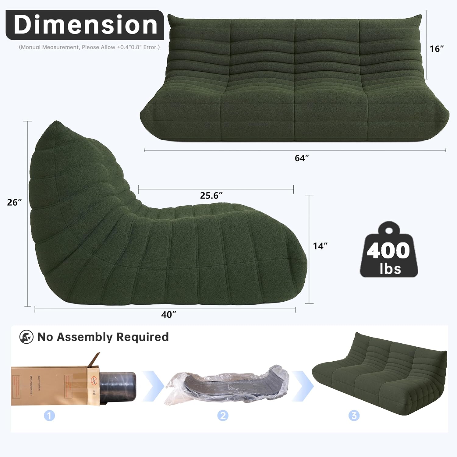 WHGBJA Bean Bag Chairs for Adults, BeanBag Reading Chair Memory Foam Couch 3-Seater, Floor Chair Soft Teddy Material, Comfy Reading Nook Chairs for Bedroom Living Room Office (Green)