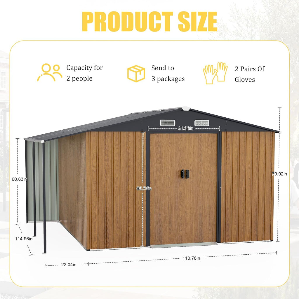 Metal Storage Shed, Yellow, 10x12 Ft, Galvanized Steel Construction, Sliding Doors, Windows, Integrated Ramp, Backyard Garden Tool Storage