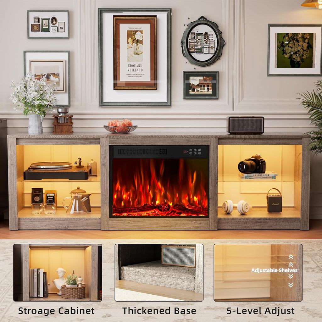 70' Fireplace TV Stand for TVs up to 80 Inches with 23'' Electric Fireplace Insert, Entertainment Center for Living Room, Gray