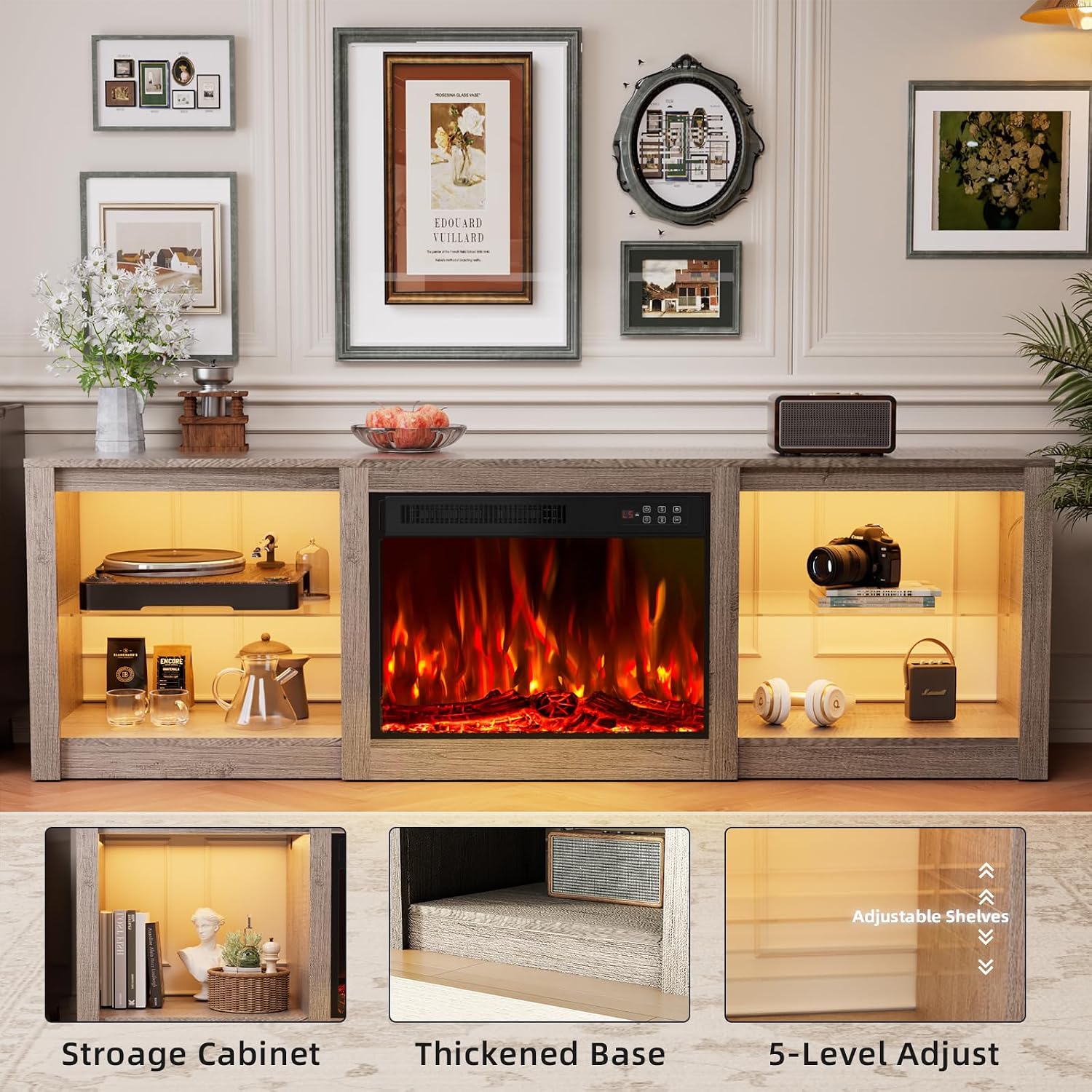 70' Fireplace TV Stand for TVs up to 80 Inches with 23'' Electric Fireplace Insert, Entertainment Center for Living Room, Gray