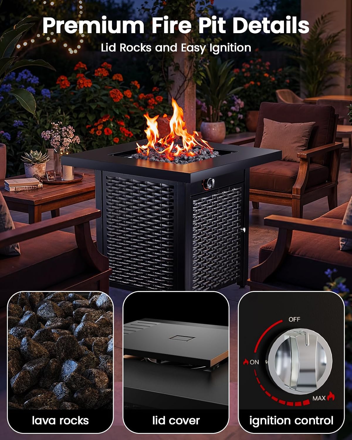 Ciays 28 Inch Propane Fire Pit CSA-Listed Outdoor Fire Pit Table, 50,000 BTU Steel Gas Fire Pits with Lid and Lava Rock, Add Warmth and Ambience to Parties On Patio Deck Garden,Black,CIFPT3-N1