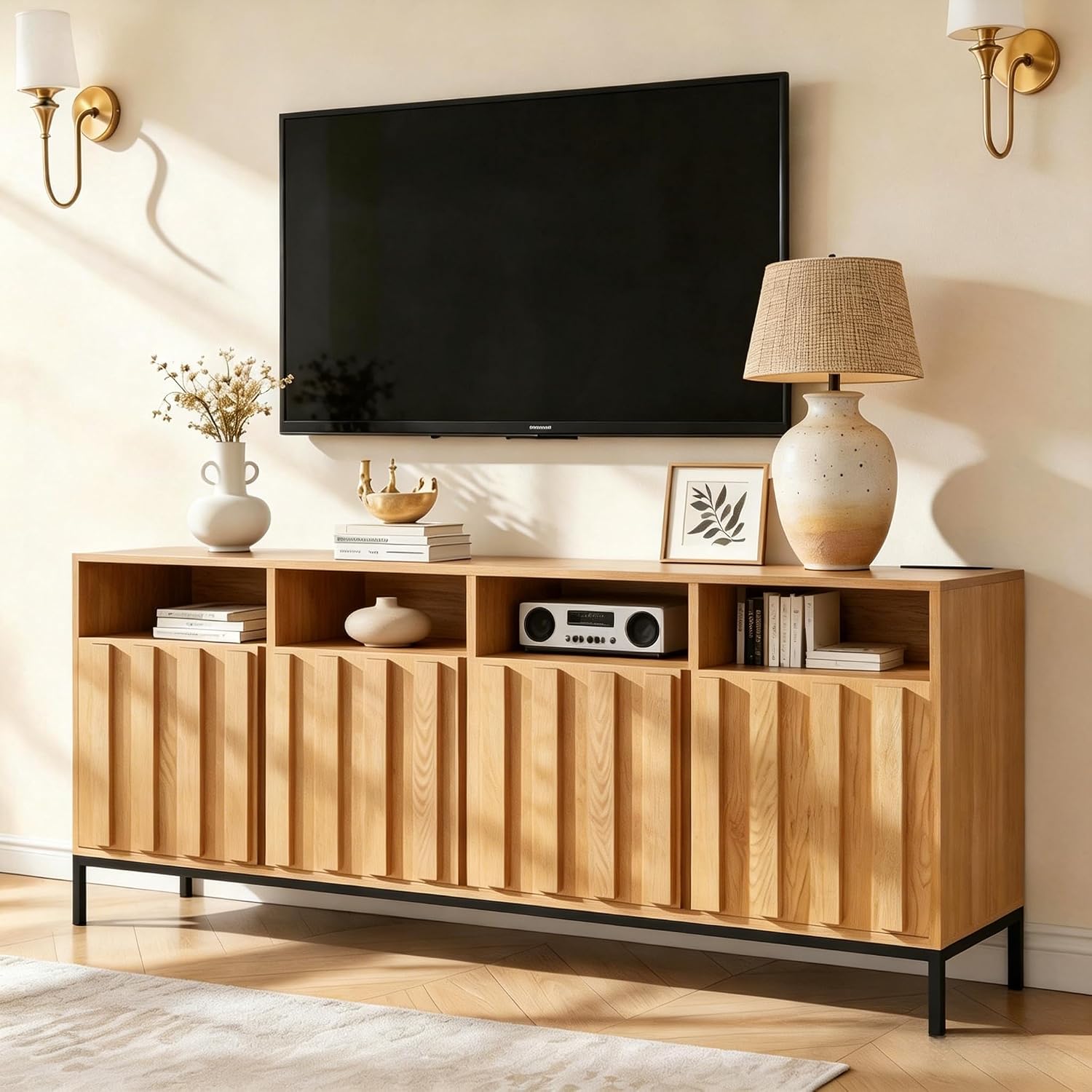 COCO DESIGN 70' Fluted TV Stand with Power Outlet for TVs up to 80', Modern Entertainment Center with Adjustable Shelves, Media Console Table with Storage for Living Room, Oak