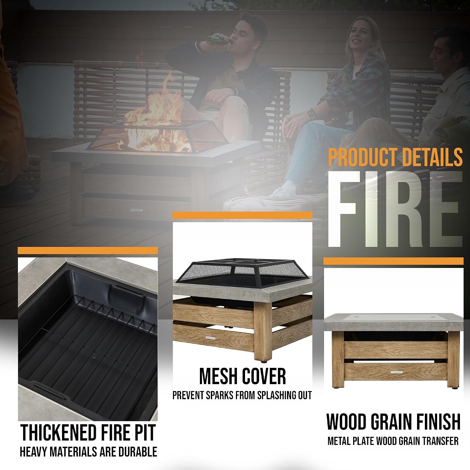 WILDMOS Firepits for Outside，Wood Burning Fire Pit with Wood-Grain Side Panels,Firepit for Outside with Mesh Cover & Fire Poker,Square Modern Outdoor Fireplace Fire Table. (Countryside)