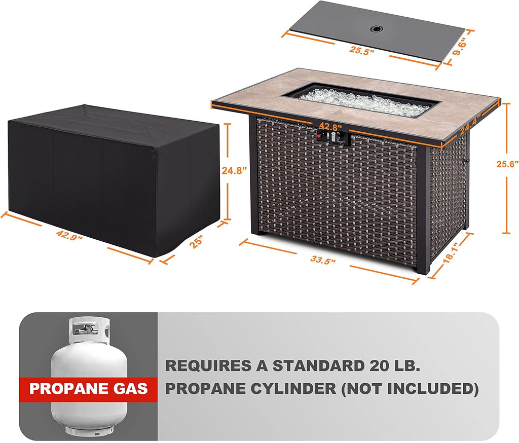 Nuu Garden Outdoor 43 Inch 50,000 BTU Propane Gas Fire Pit Table, Propnae Fire Pit with Ceramic Tabletop, Oxford Cover, Dark Brown and Coffee