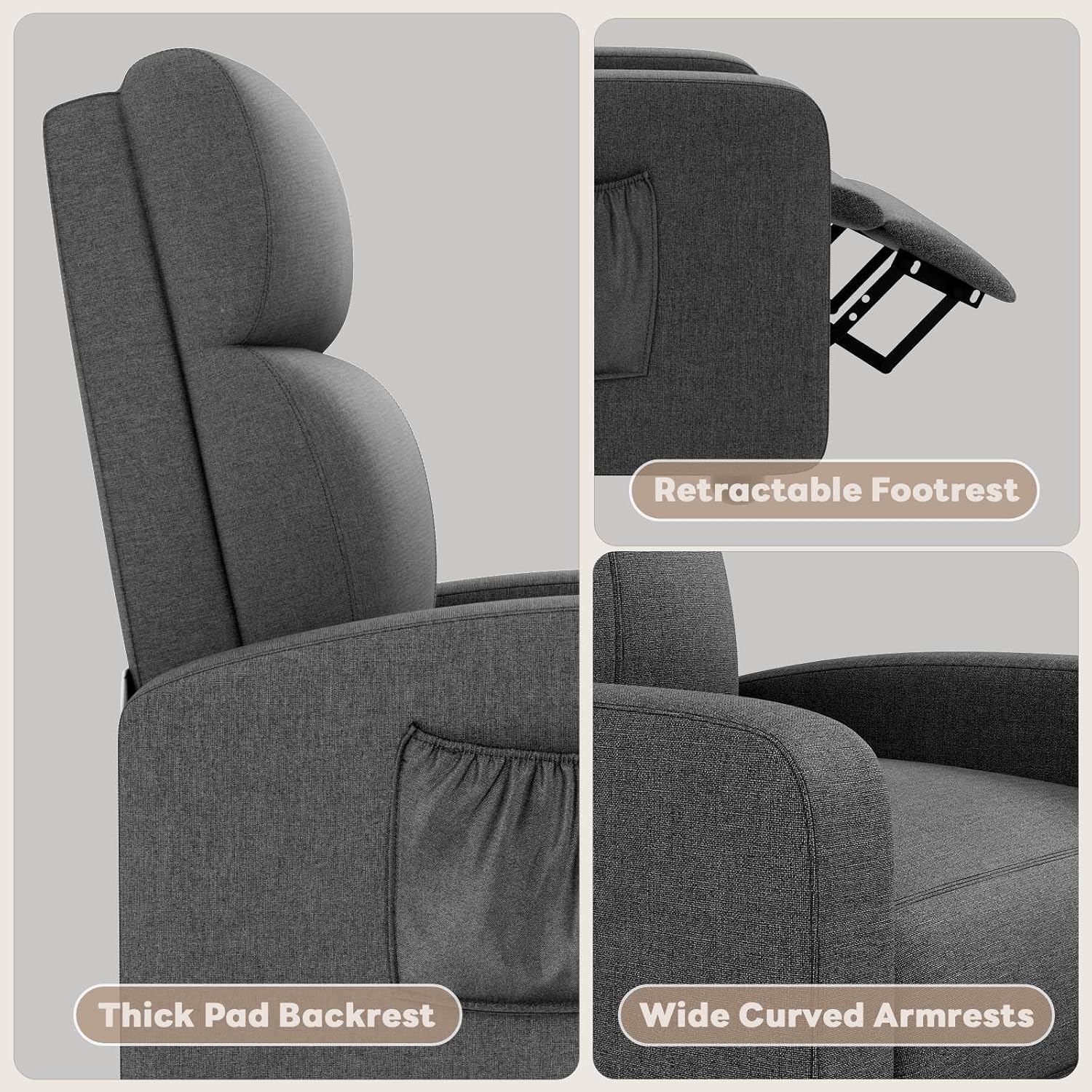ComfyCorner Recliner Chair for Adults, Reclining Sofa with Side Pocket, Linen Fabric Recliner Sofa with Adjustable Backrest and Footrest, Modern Home Theater Seating for Living Room, Bedroom