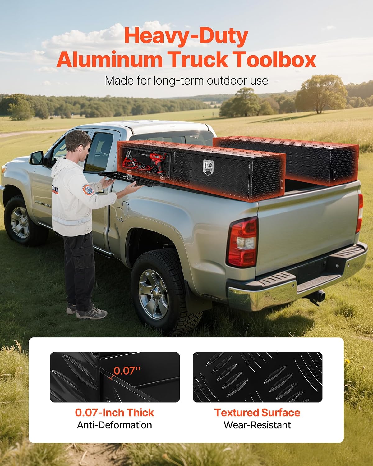 VEVOR Truck Tool Box, 88 x 16 x 13 Inch, Black Aluminum Tread Topsider Toolbox with Dual Drop Doors, Heavy Duty Lockable Storage and Organization Box with Latch, Corrosion-Resistant, for Truck Bed