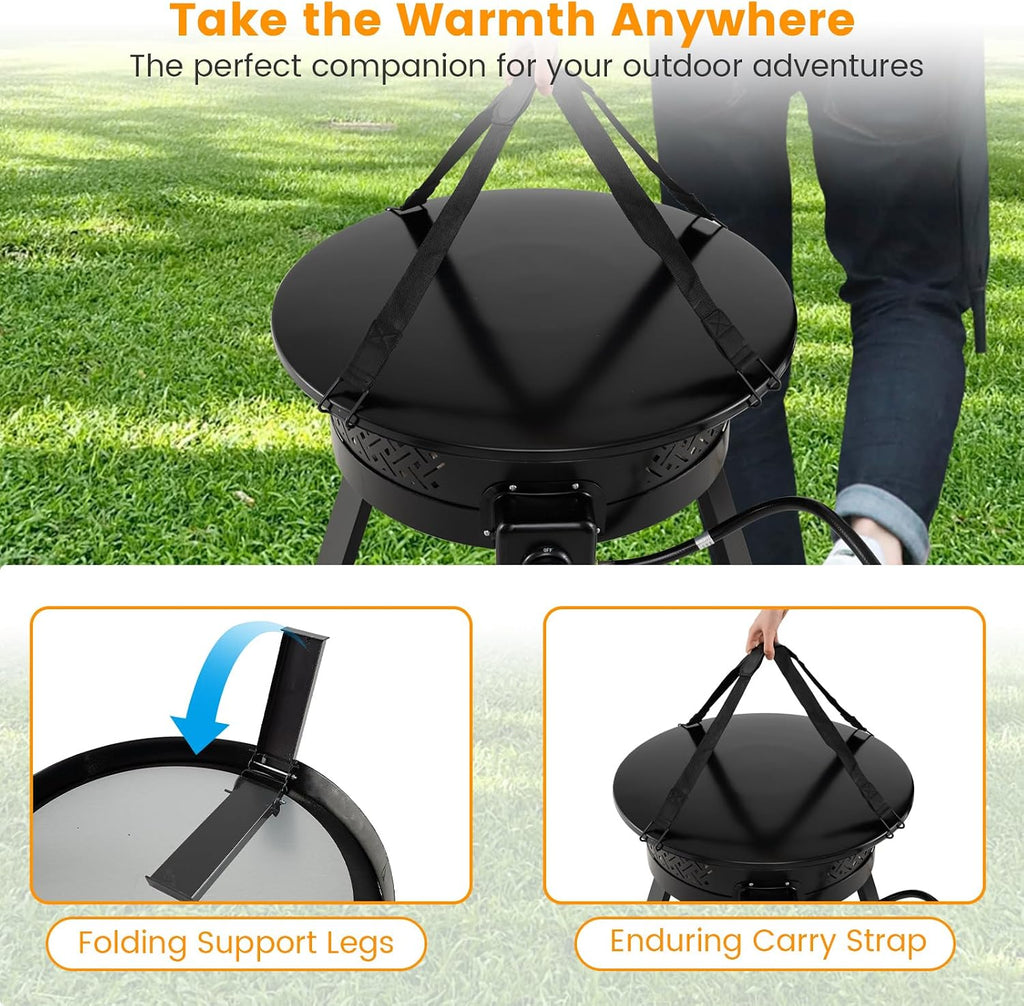Tangkula Portable Propane Fire Pit, 24.5 Inch 58,000 BTU Smokeless Fire Bowl with Carry Strap, Lid & Folding Legs, Tank Base Holder, Outdoor Gas Fire Pit for Camping Patio Backyard