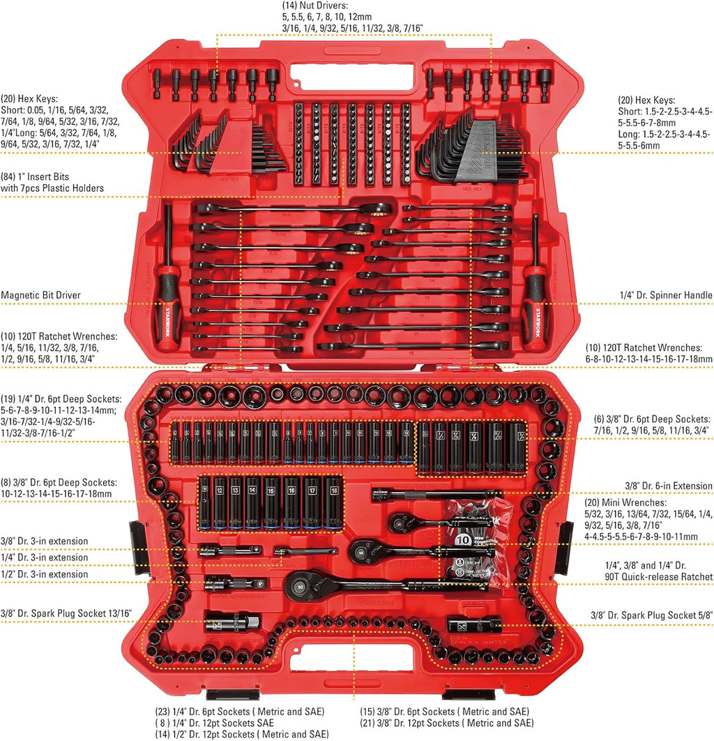 STARWORK TRUE MECHANIC 303-Piece Mechanics Tool Set, 120-Tooth Ratcheting Wrench Set, 1/4', 3/8', 1/2' Drive, Professional, SAE/Metric