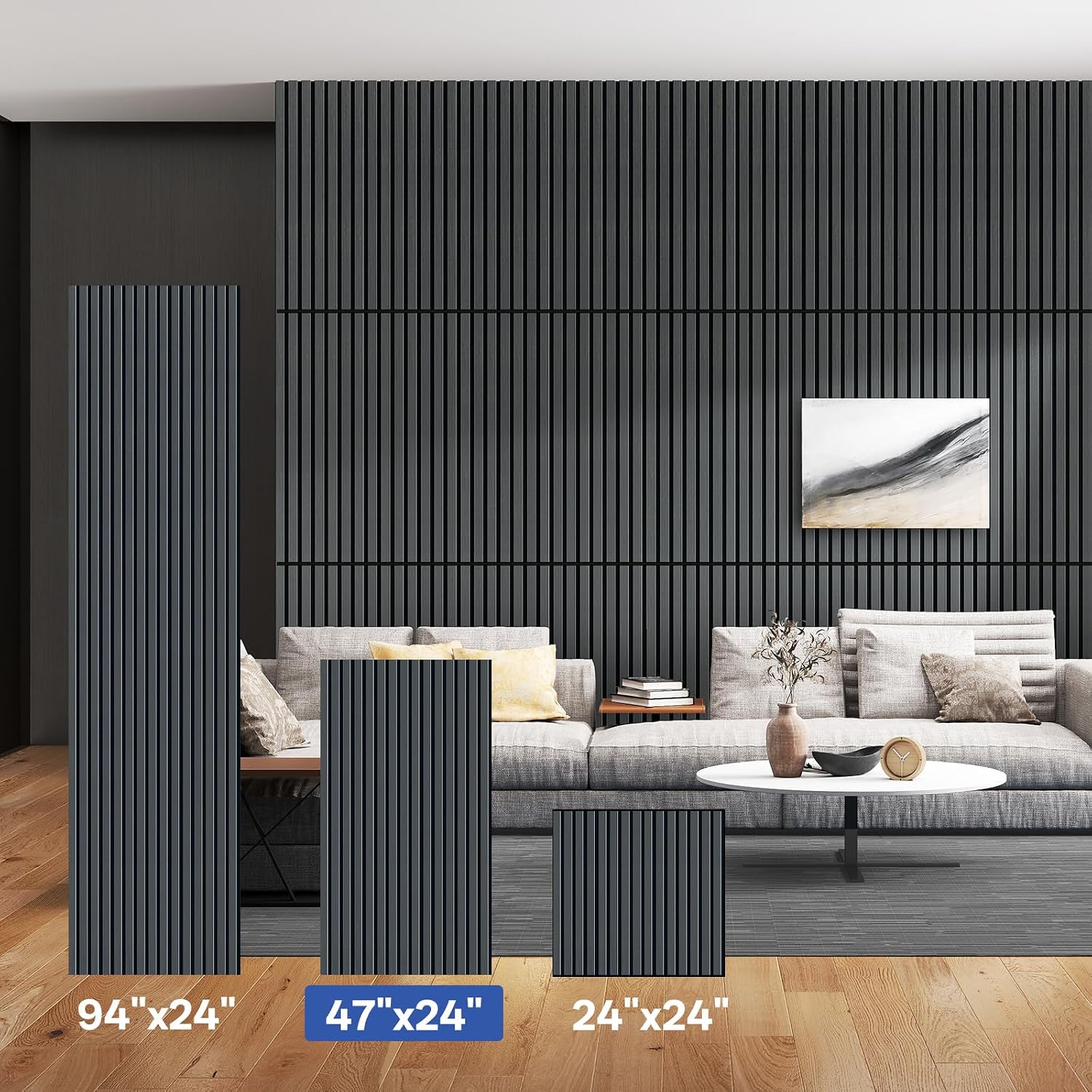 PIWA Acoustic Wall Panels 47' x 24' 4 Pack, Wood Panels for Wall Sound Dampening Slat Paneling with MDF Surface and Sound-Absorbing Core for Interior Decor, Home, Office and Gaming Room (Matte Black)
