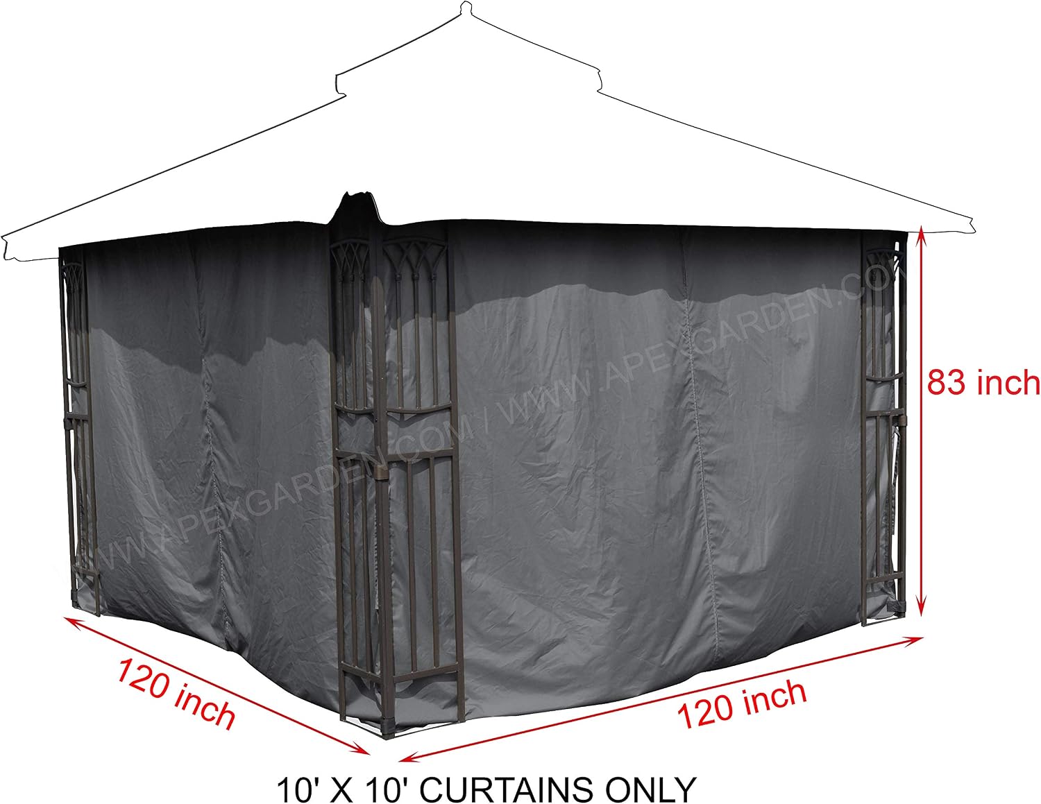 APEX GARDEN Four-Side Privacy Curtain Set for 10-Ft x 10-Ft Gazebo (10-ft x 10-ft, Charcoal)