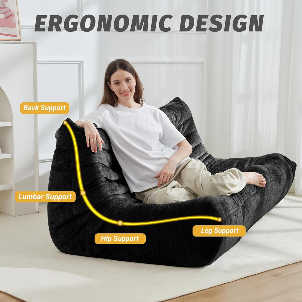 Homguava Bean Bag Chair, Giant Beanbag Chairs for Adults, Memory Foam Fireside Chair, Large Lazy Floor Sofa, Sofa Couch with High-Rebound Foam, Lounge Chair for Living Room, Bedroom (Black, 3-Seater)