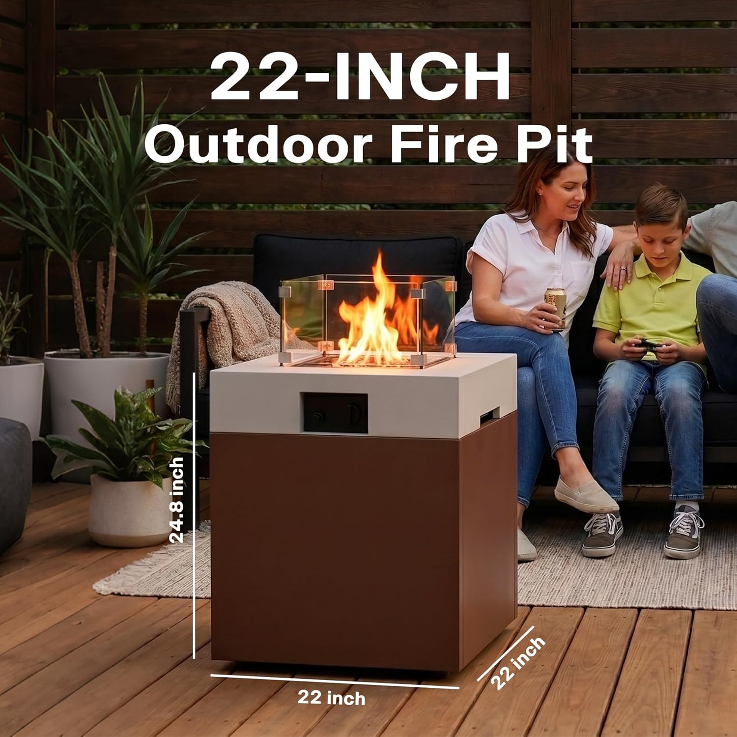 22' Aluminum Propane Fire Pit Table with 37,000 BTU, Square Outdoor Gas Fire Table with Glass Wind Guard, Glass Stones & Waterproof Cover, Patio Fire Table for Balcony, Backyard, Porch, Brown