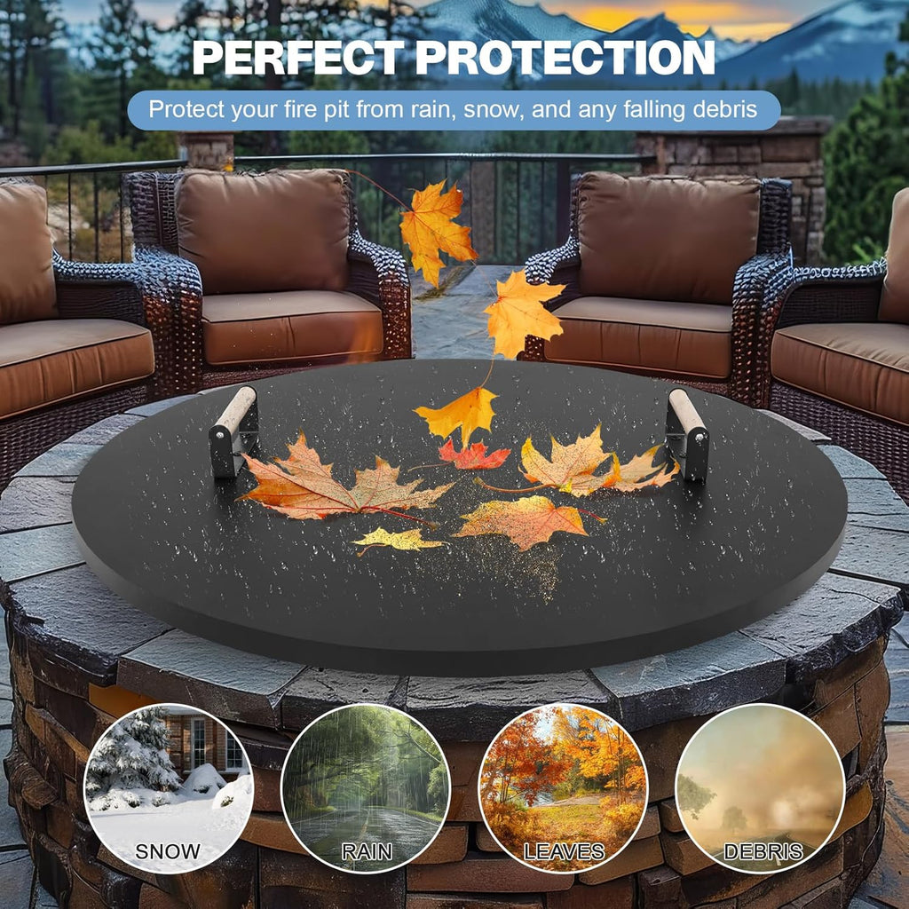 Fire Pit Lid Cover Round - 34' Rust Resistant Powder Coated Steel Firepit Cover or Table with 2 Wooden Handles for Patio Fire Pit, Weatherproof for All Seasons, Fits Fire Pits Up to 32'