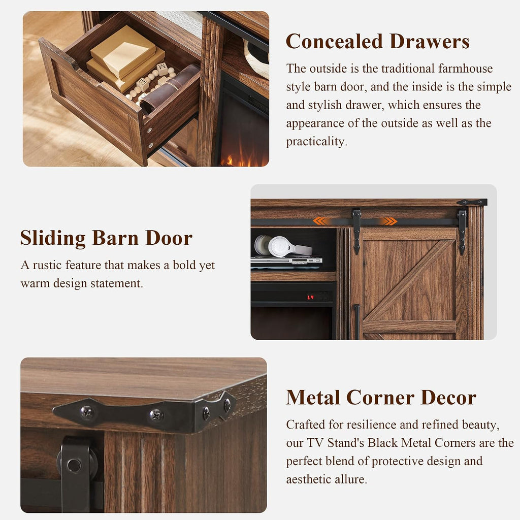 JXQTLINGMU Farmhouse Fireplace TV Stand for 80 Inch TV, 32' Tall Entertainment Center w/Drawer & Sliding Barn Door, 70 Inch Highboy Media Console for Living Room, Brown