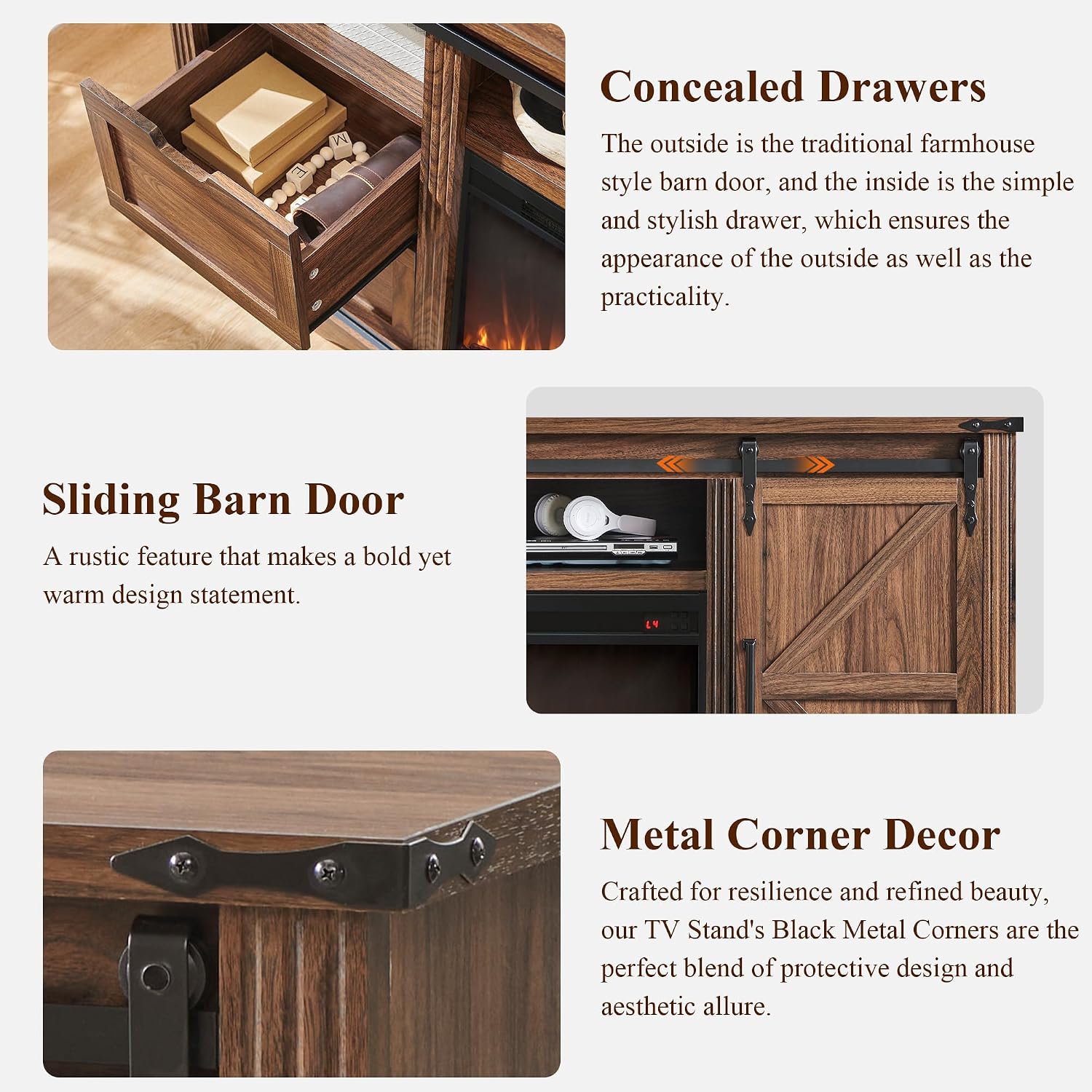 JXQTLINGMU Farmhouse Fireplace TV Stand for 80 Inch TV, 32' Tall Entertainment Center w/Drawer & Sliding Barn Door, 70 Inch Highboy Media Console for Living Room, Brown